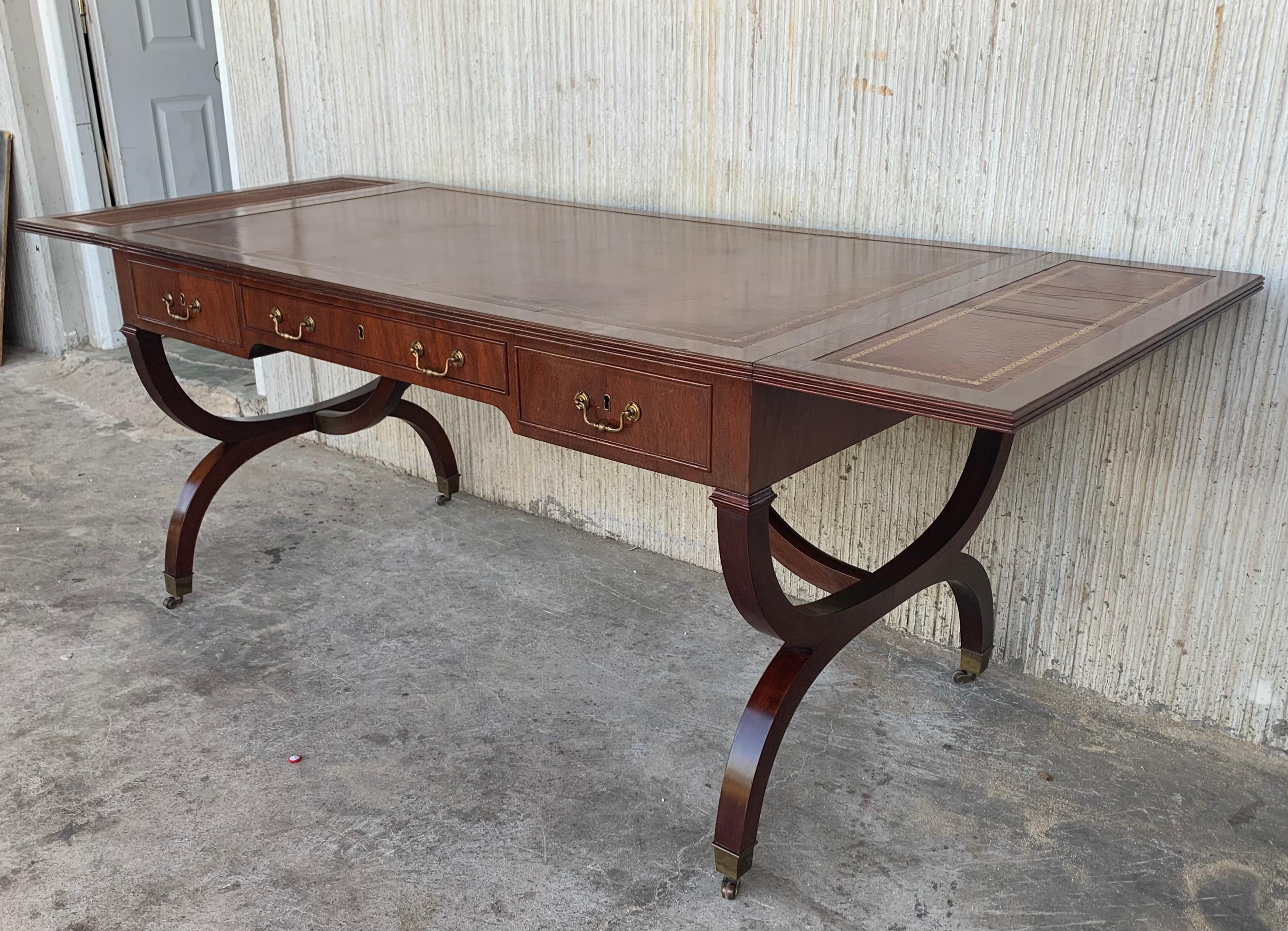 Brass Stunning Victorian Library Writing Table or Desk Brown Leather Top Gillows Legs