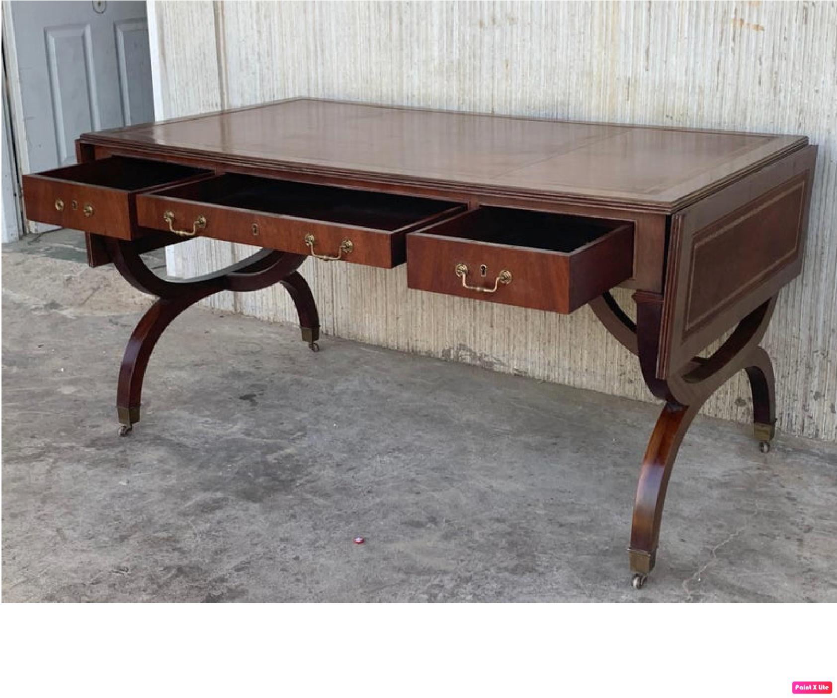 Brass Stunning Victorian Library Writing Table or Desk Brown Leather Top Gillows Legs For Sale