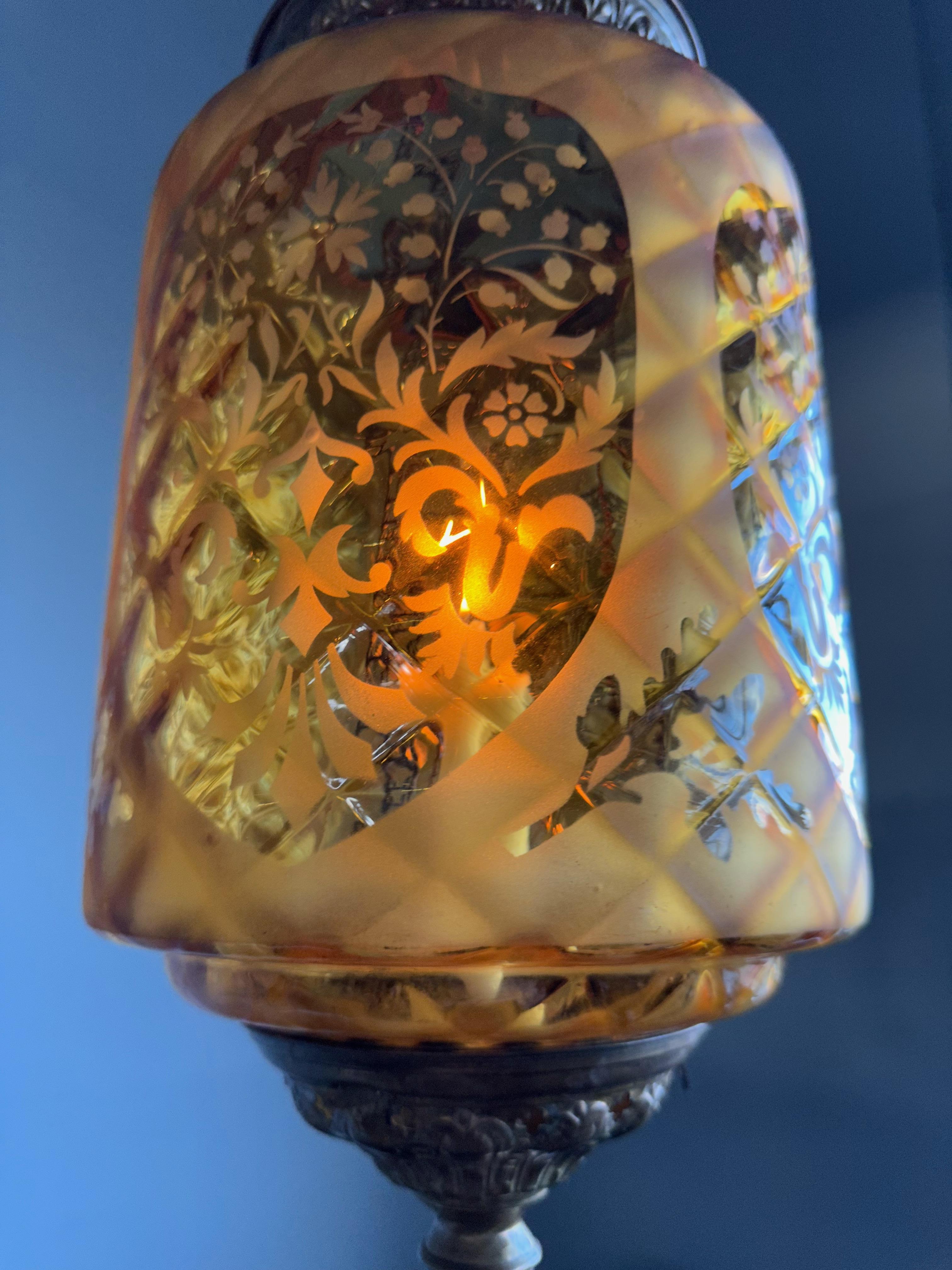Stunning Victorian Lighting Gothic Brass & Mouth Blown Art Glass Pendant Lantern For Sale 2