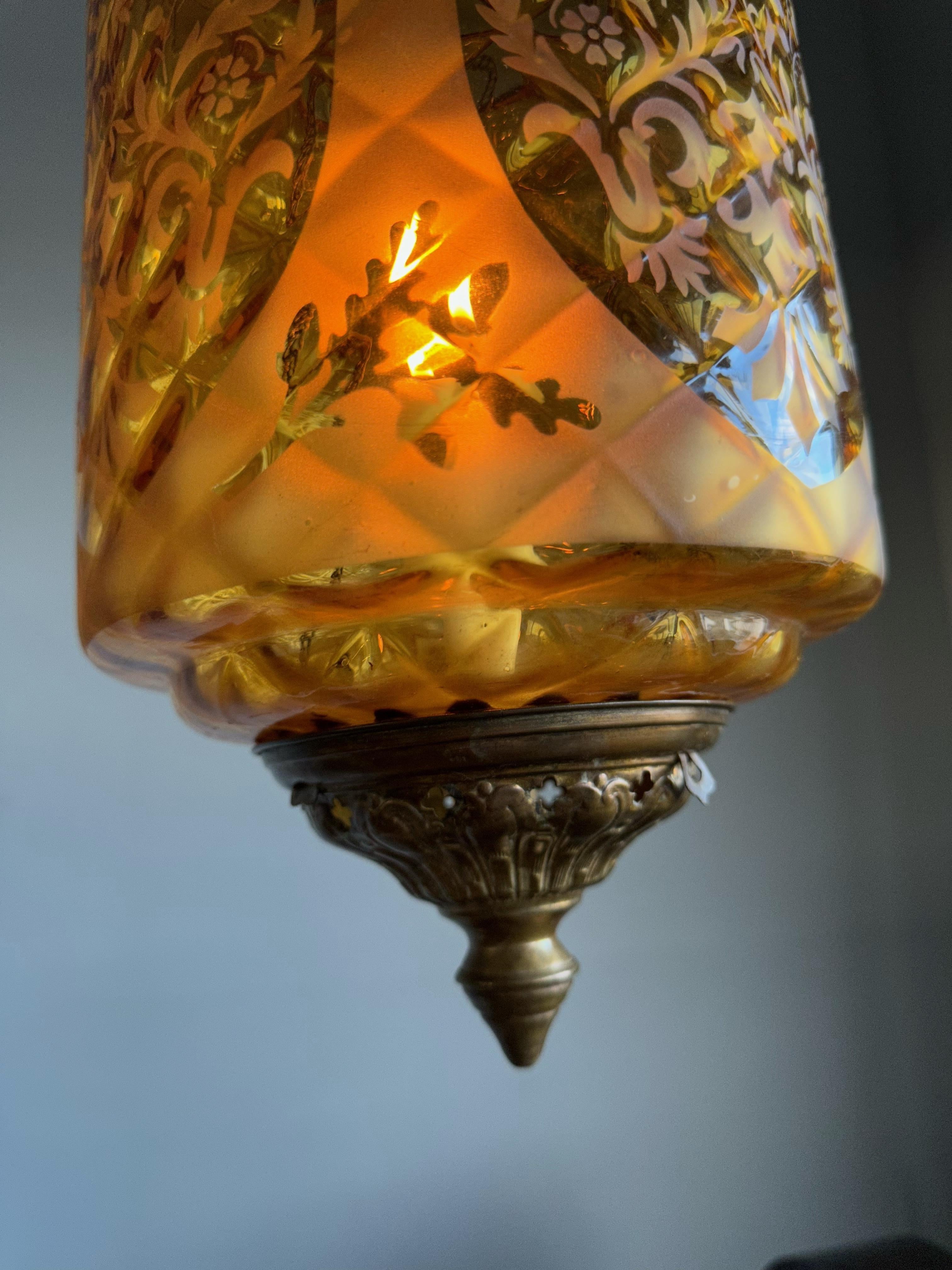 Stunning Victorian Lighting Gothic Brass & Mouth Blown Art Glass Pendant Lantern For Sale 3