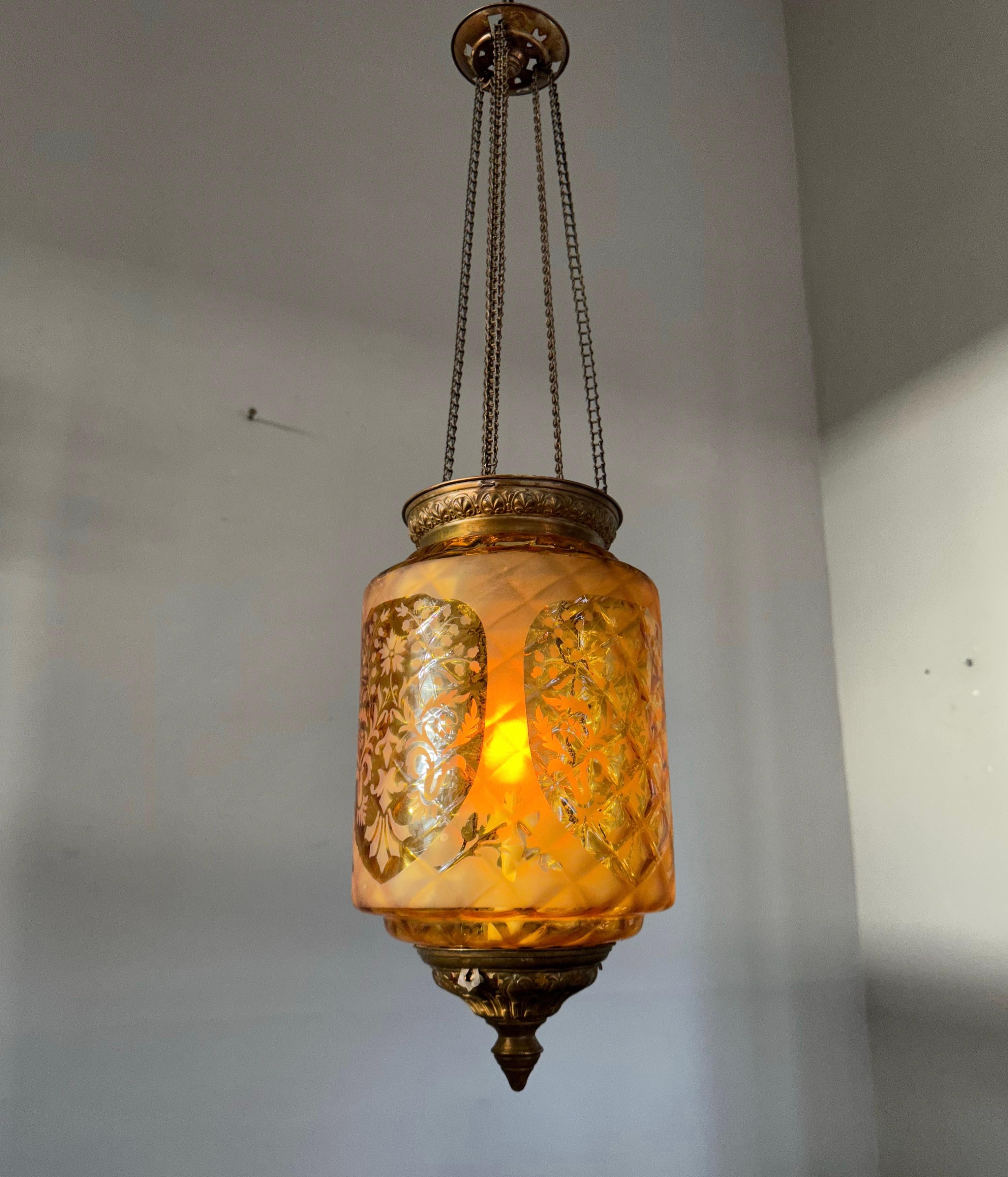 Stunning Victorian Lighting Gothic Brass & Mouth Blown Art Glass Pendant Lantern For Sale 4