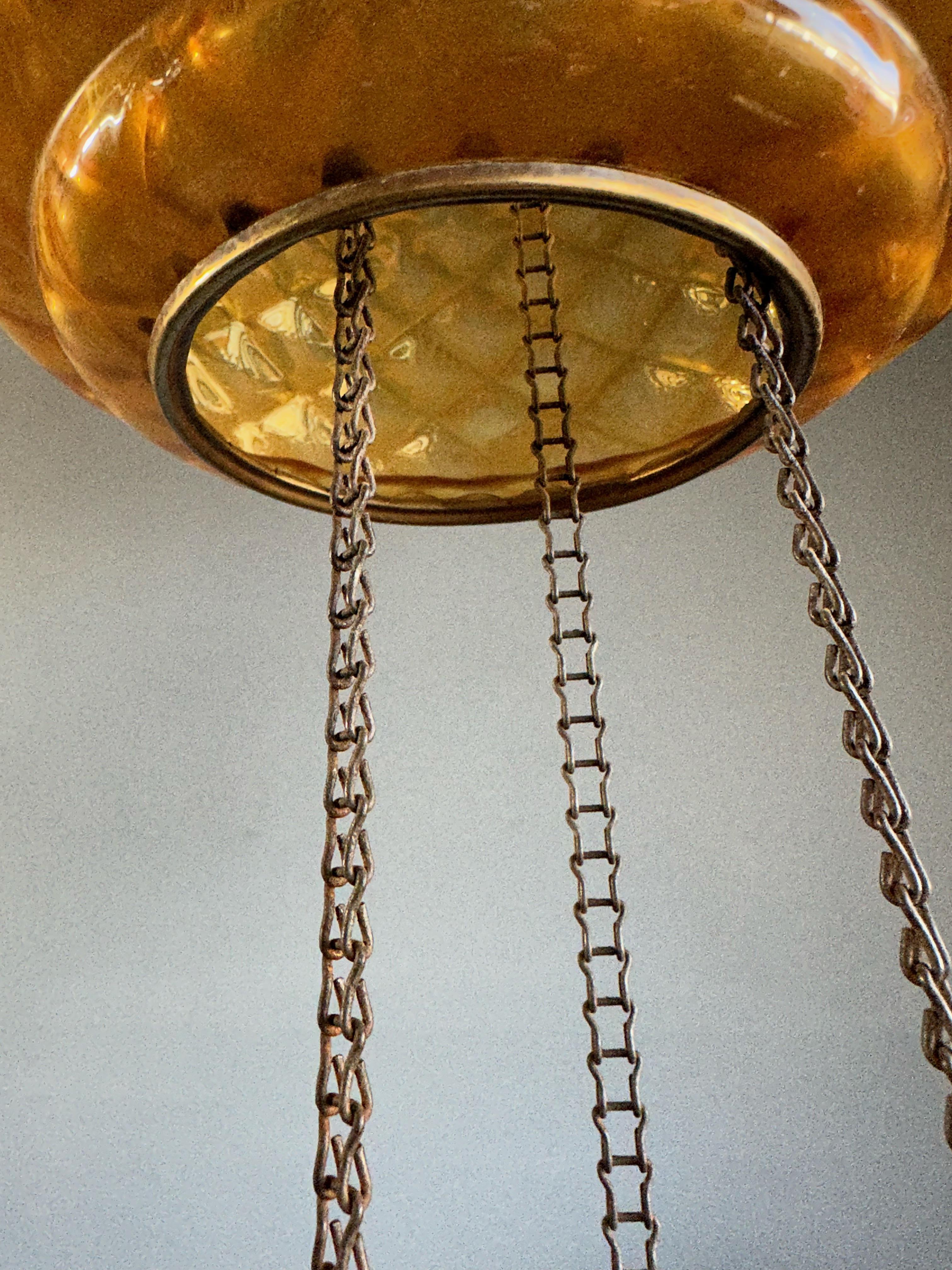 Stunning Victorian Lighting Gothic Brass & Mouth Blown Art Glass Pendant Lantern For Sale 5