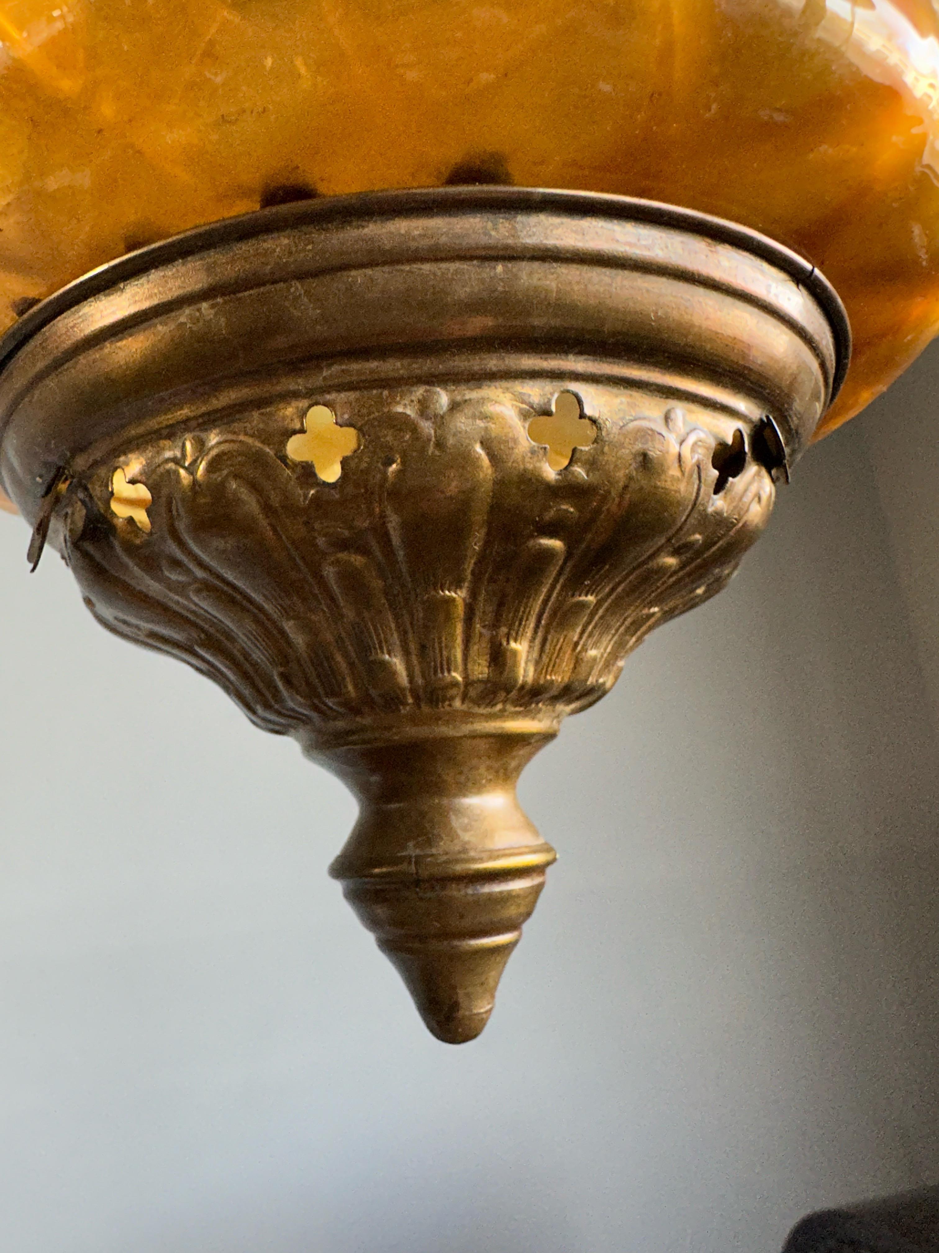 Stunning Victorian Lighting Gothic Brass & Mouth Blown Art Glass Pendant Lantern For Sale 6