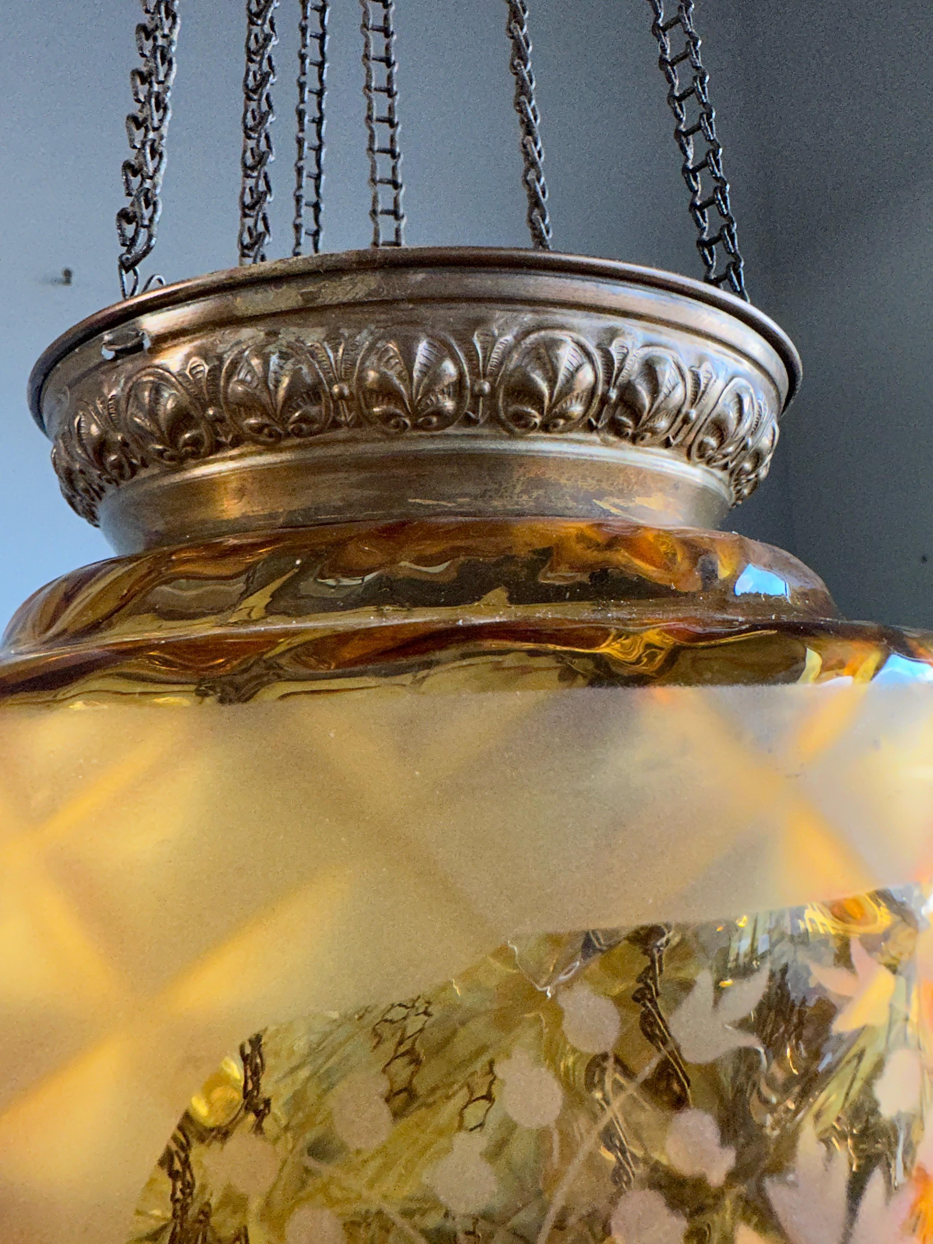 Stunning Victorian Lighting Gothic Brass & Mouth Blown Art Glass Pendant Lantern For Sale 7