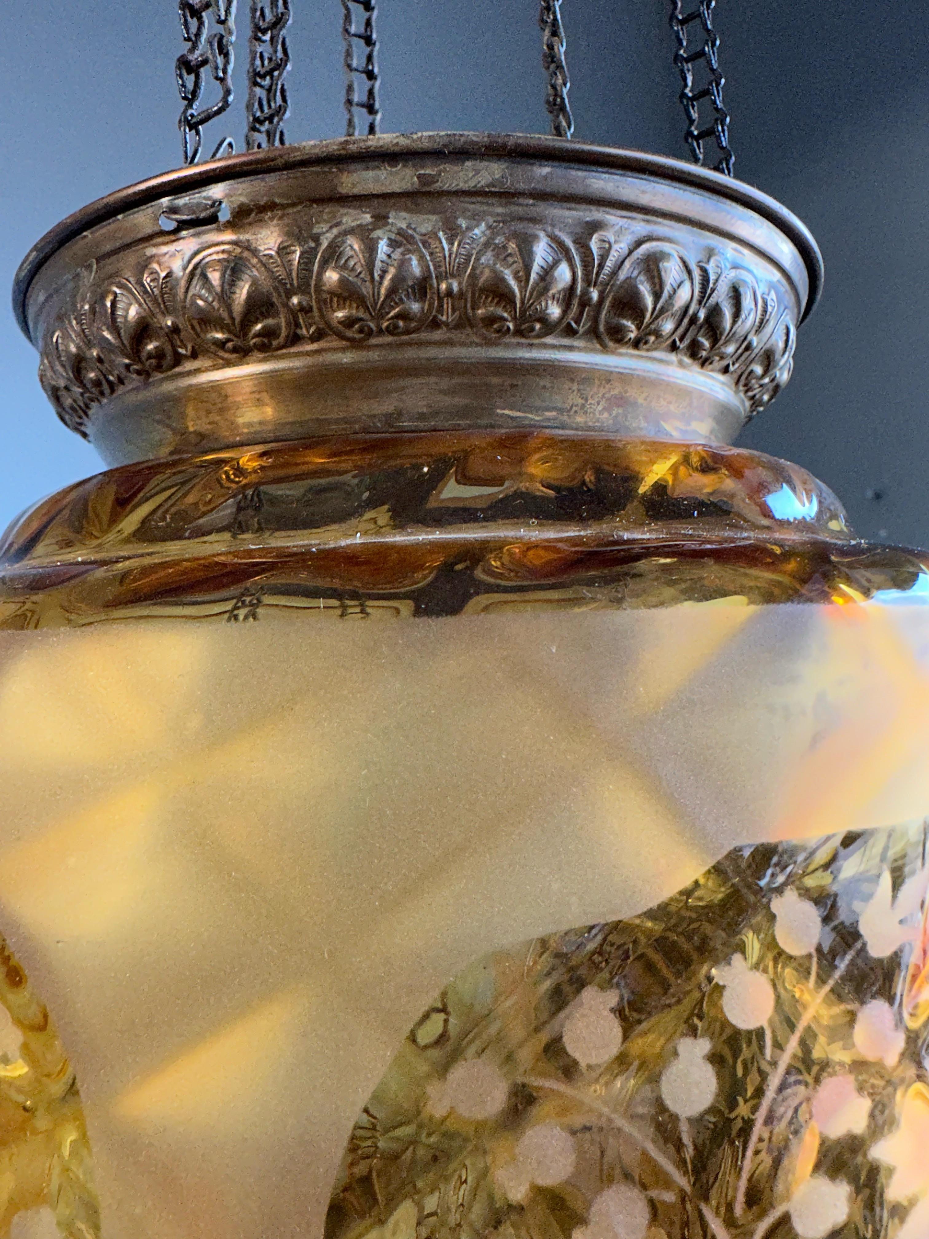 Stunning Victorian Lighting Gothic Brass & Mouth Blown Art Glass Pendant Lantern For Sale 10