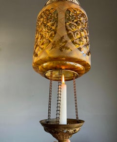 Stunning Victorian Lighting Gothic Brass & Mouth Blown Art Glass Pendant Lantern