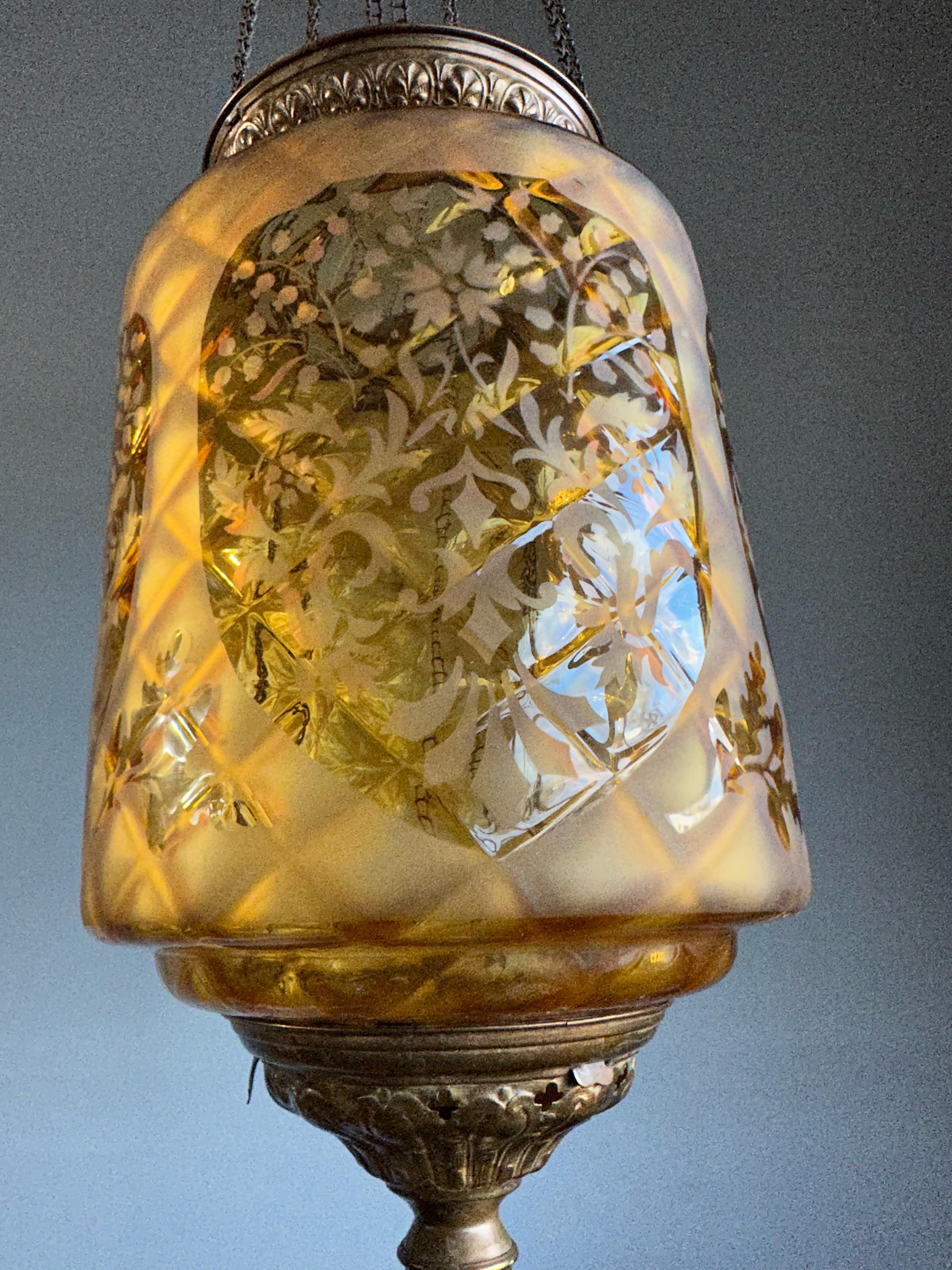 Gothic Revival Stunning Victorian Lighting Gothic Brass & Mouth Blown Art Glass Pendant Lantern For Sale