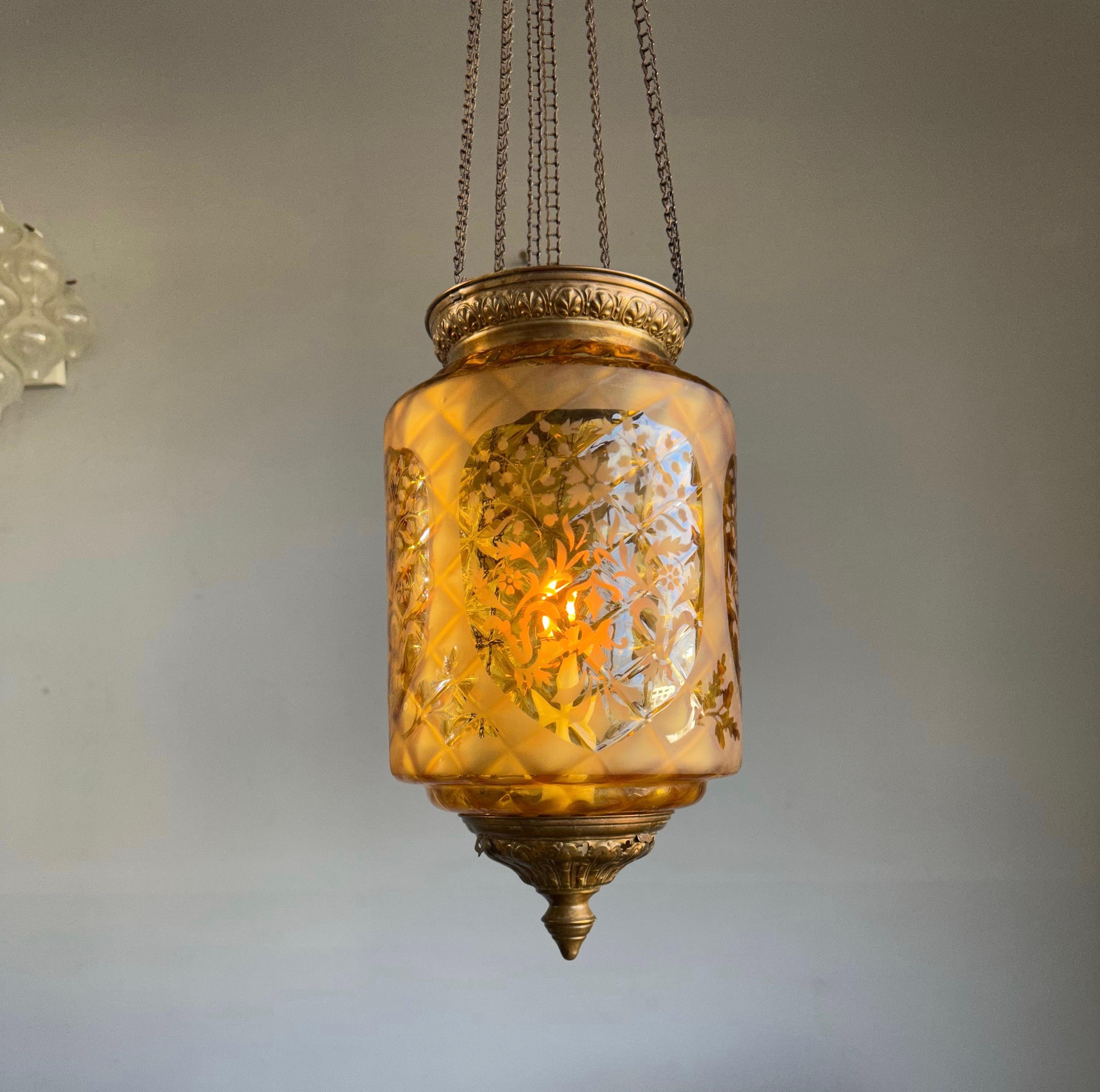 Etched Stunning Victorian Lighting Gothic Brass & Mouth Blown Art Glass Pendant Lantern For Sale