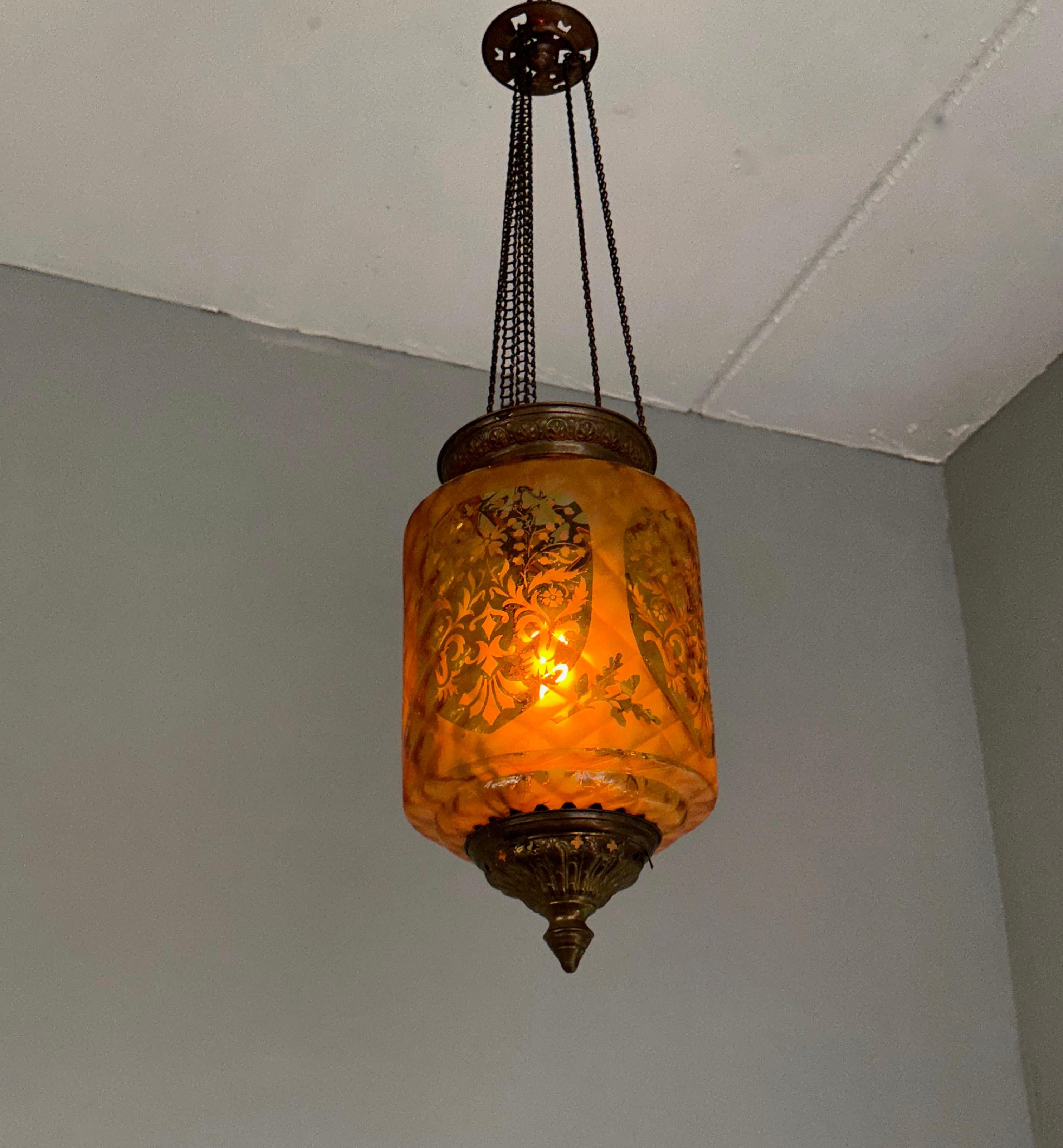 20th Century Stunning Victorian Lighting Gothic Brass & Mouth Blown Art Glass Pendant Lantern For Sale