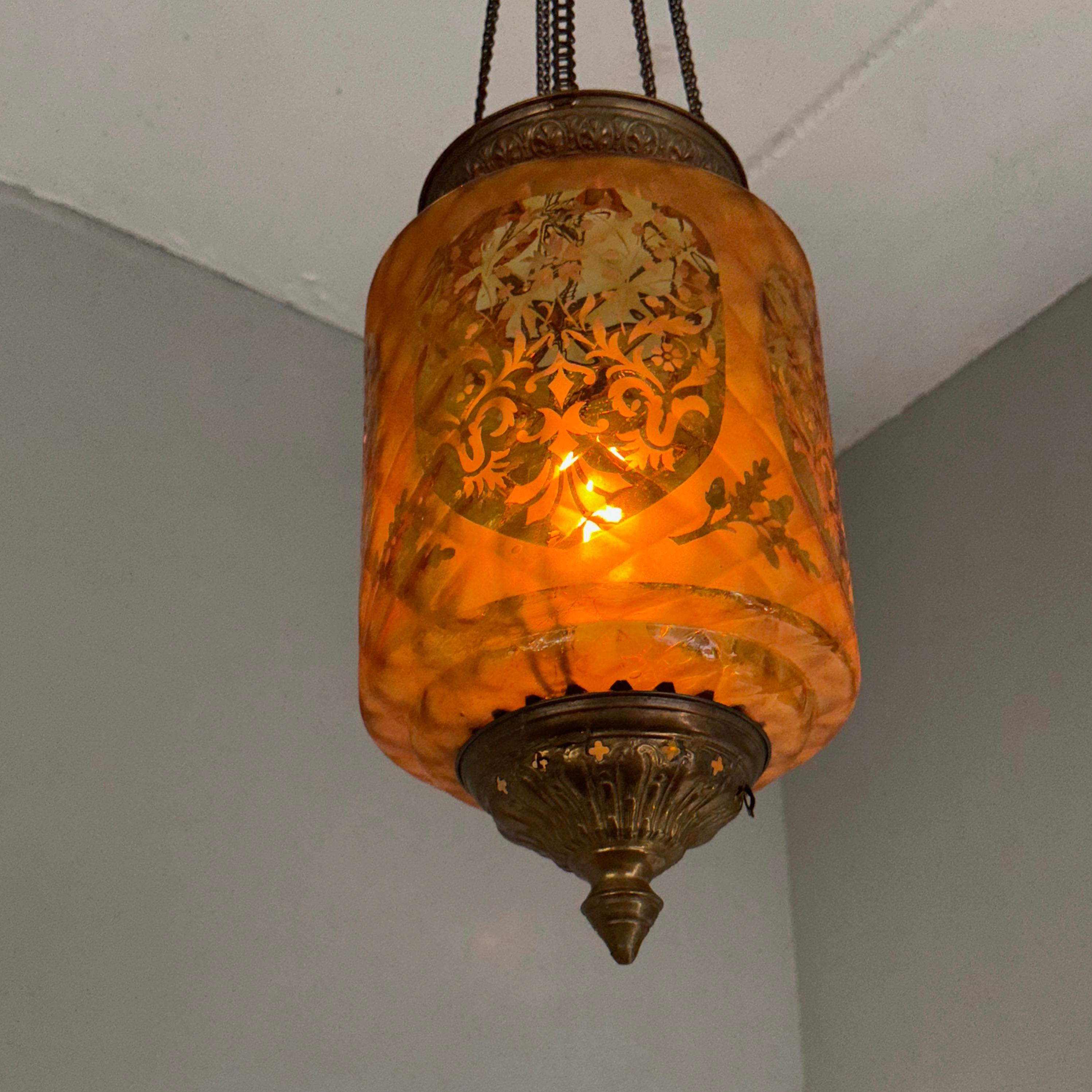 Stunning Victorian Lighting Gothic Brass & Mouth Blown Art Glass Pendant Lantern For Sale 1