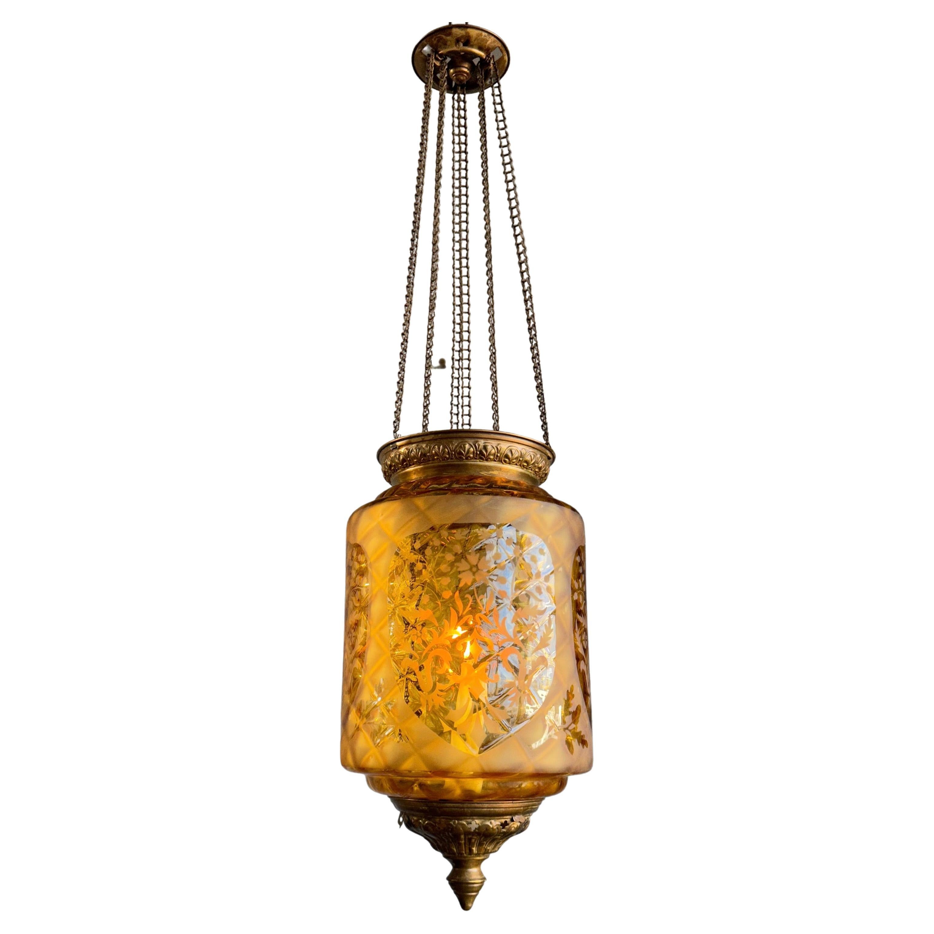 Stunning Victorian Lighting Gothic Brass & Mouth Blown Art Glass Pendant Lantern For Sale