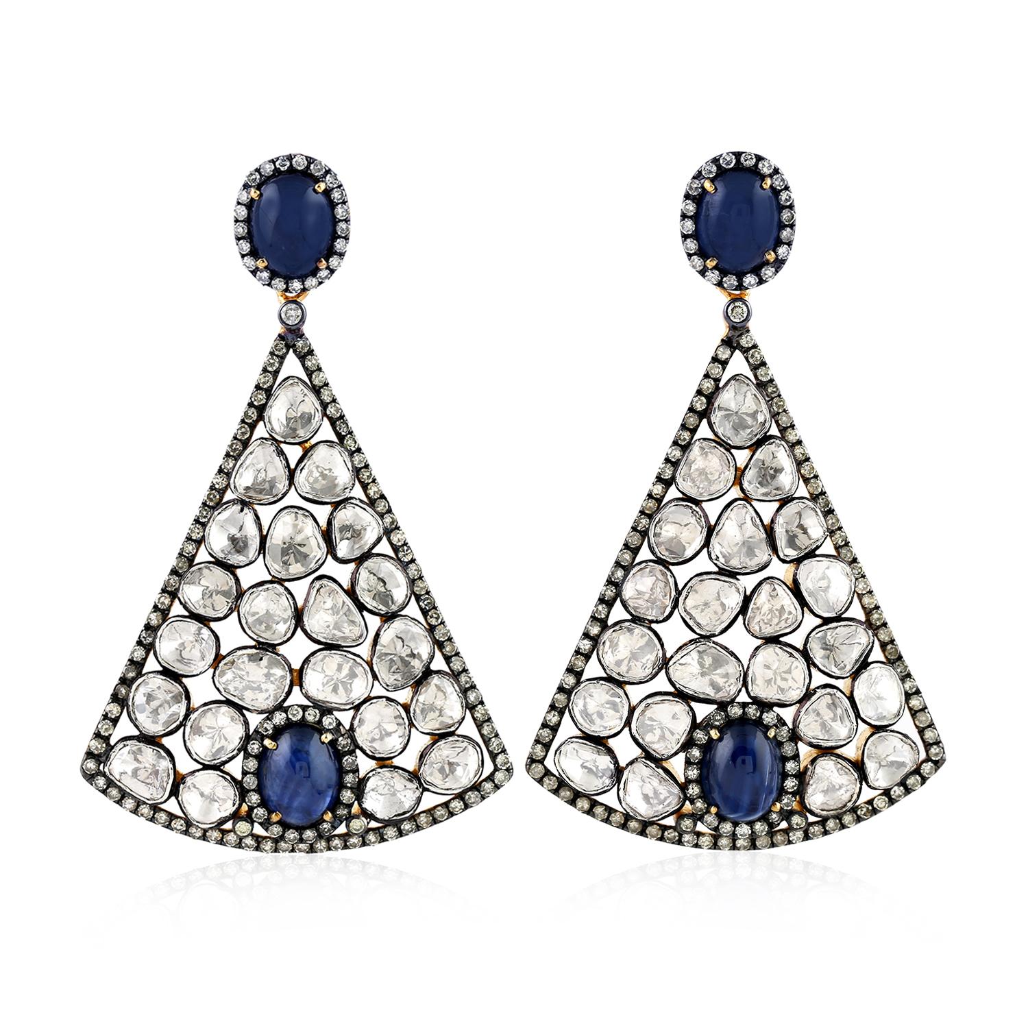 Mixed Cut Stunning Victorian Looking Polki Diamond with Cabochon Sapphire Dangling Earring For Sale