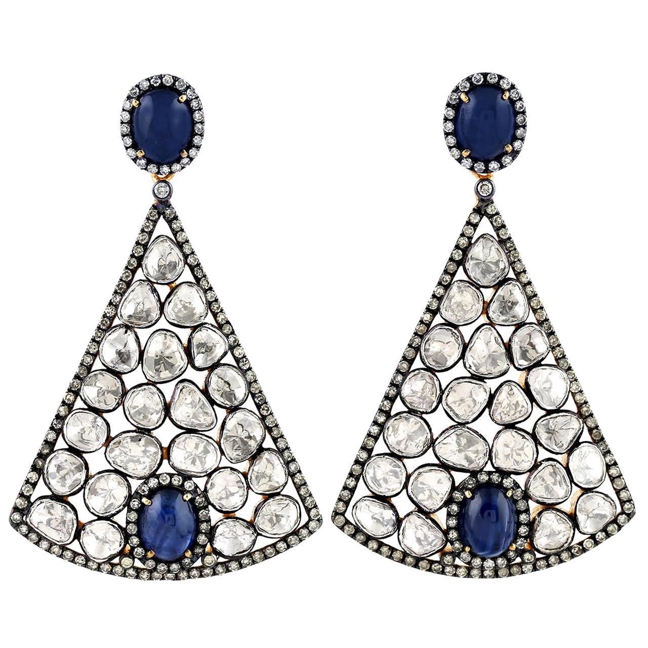 Stunning Victorian Looking Polki Diamond with Cabochon Sapphire Dangling Earring For Sale