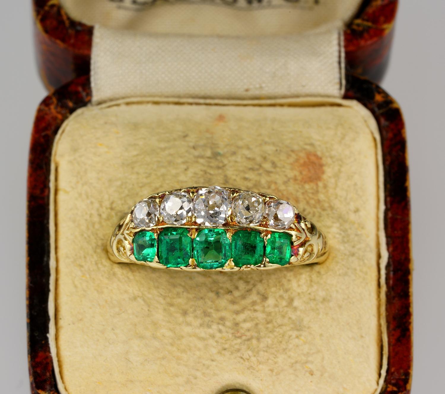 Getting the very Best

Spectacular rare find!

Authentic Victorian double row ring, set with two arrays of finest gemstone on earth
Hard to see any similar to this one, being very distinctive and unusual, also for the stunning Emerald which are MUZO