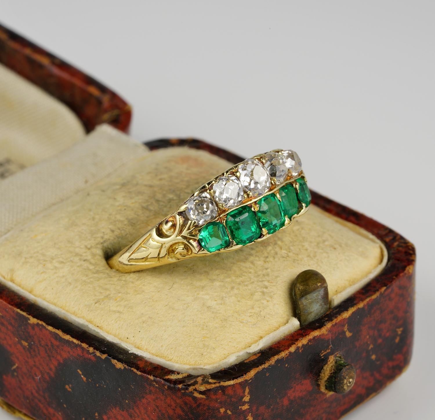 Stunning Victorian Muzo Mine Colombian Emerald Diamond Five-Stone Rare Ring For Sale 1