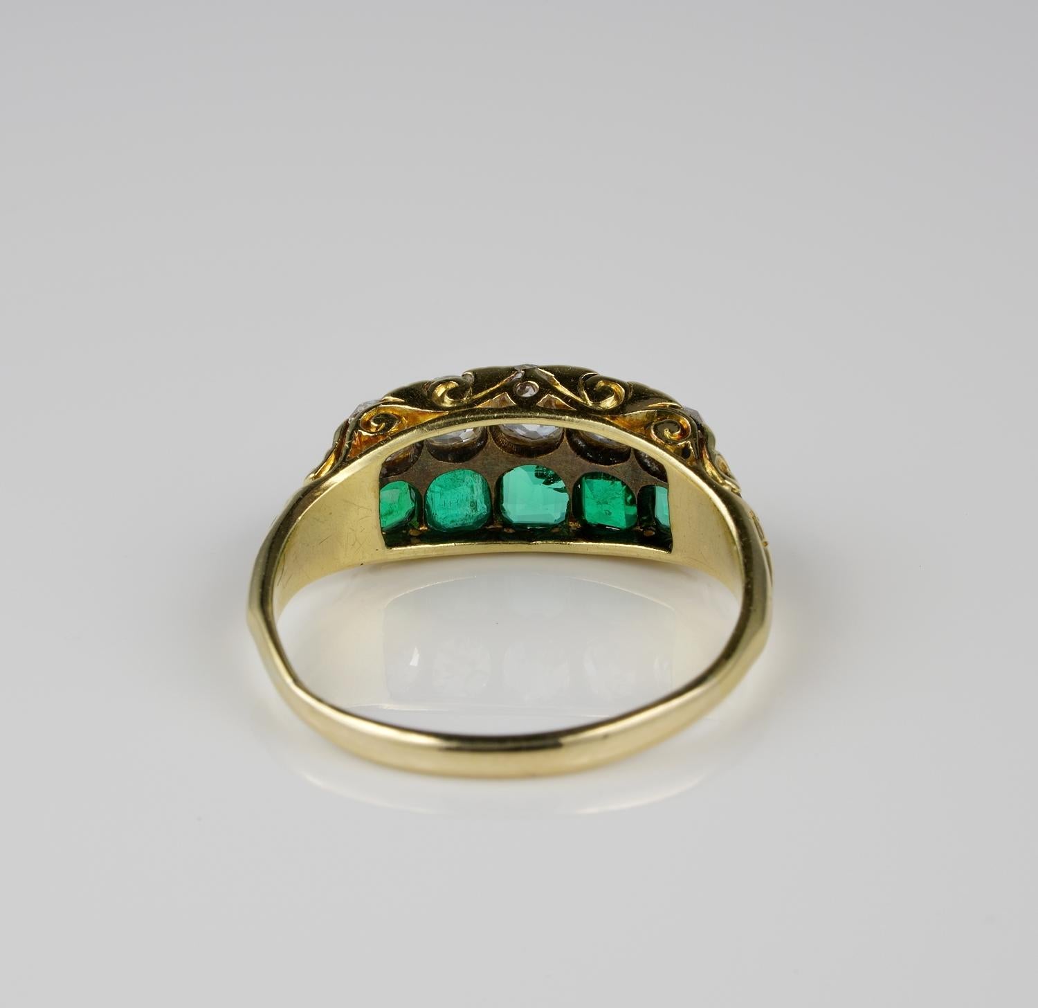 Stunning Victorian Muzo Mine Colombian Emerald Diamond Five-Stone Rare Ring For Sale 3