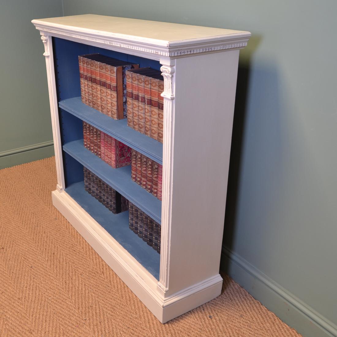 Stunning Victorian quality antique painted open bookcase

This stunning painted open bookcase circa 1880 has a rectangular moulded top with dental moulding above two adjustable shelves and the sides have moulded pilasters with quality carvings.