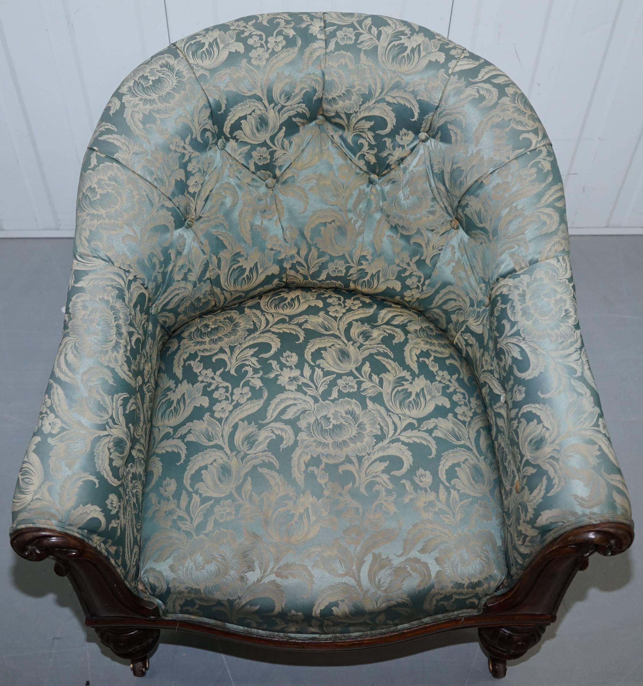 British Stunning Victorian Redwood and Silk Upholstered Chesterfield Button Tub Armchair
