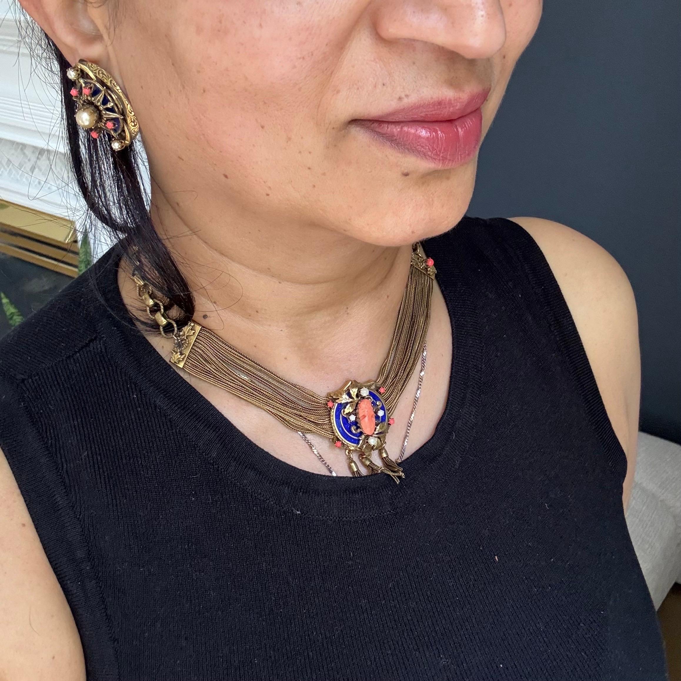 Superbe collier à lamelles en camée de style Revive victorien, boucles d'oreilles Clips en vente 8