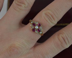 Stunning Victorian Ruby Pearl Old Cut Diamond Cluster Ring in 18 Carat Gold