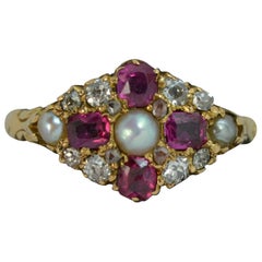 Antique Stunning Victorian Ruby Pearl Old Cut Diamond Cluster Ring in 18 Carat Gold