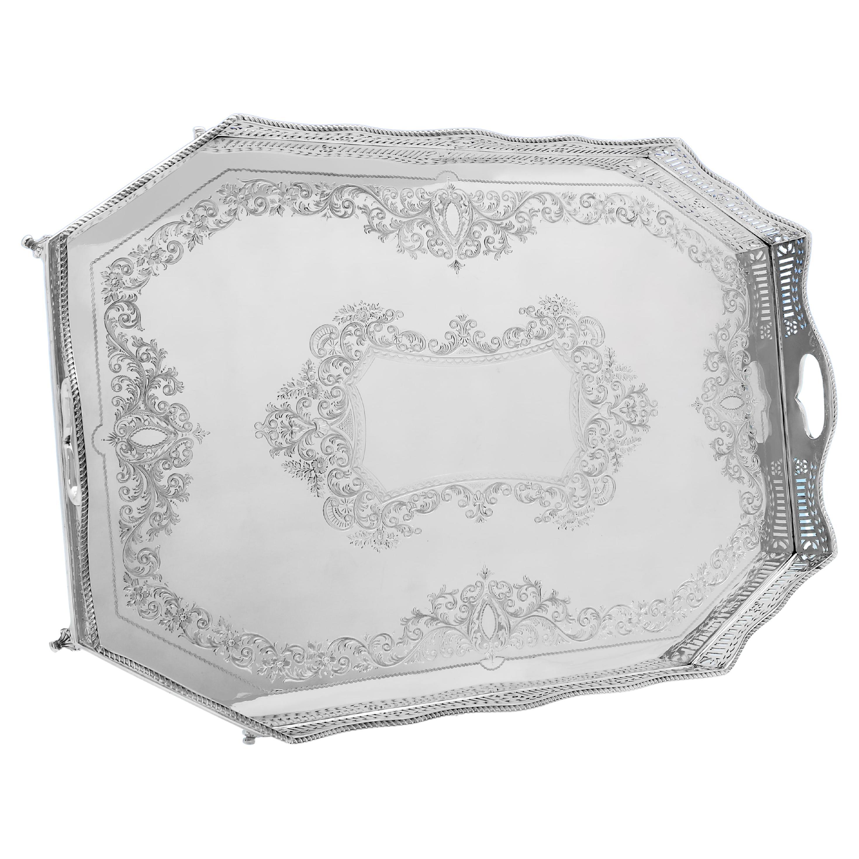 Impresionante bandeja victoriana de plata de ley para galería - con matasellos de 1896