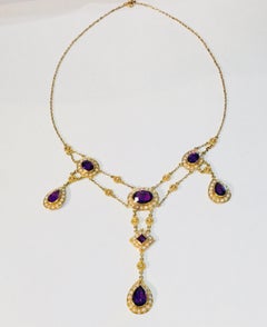 Stunning Vintage Siberian Amethyst Pearl Yellow Gold Chandelier Necklace