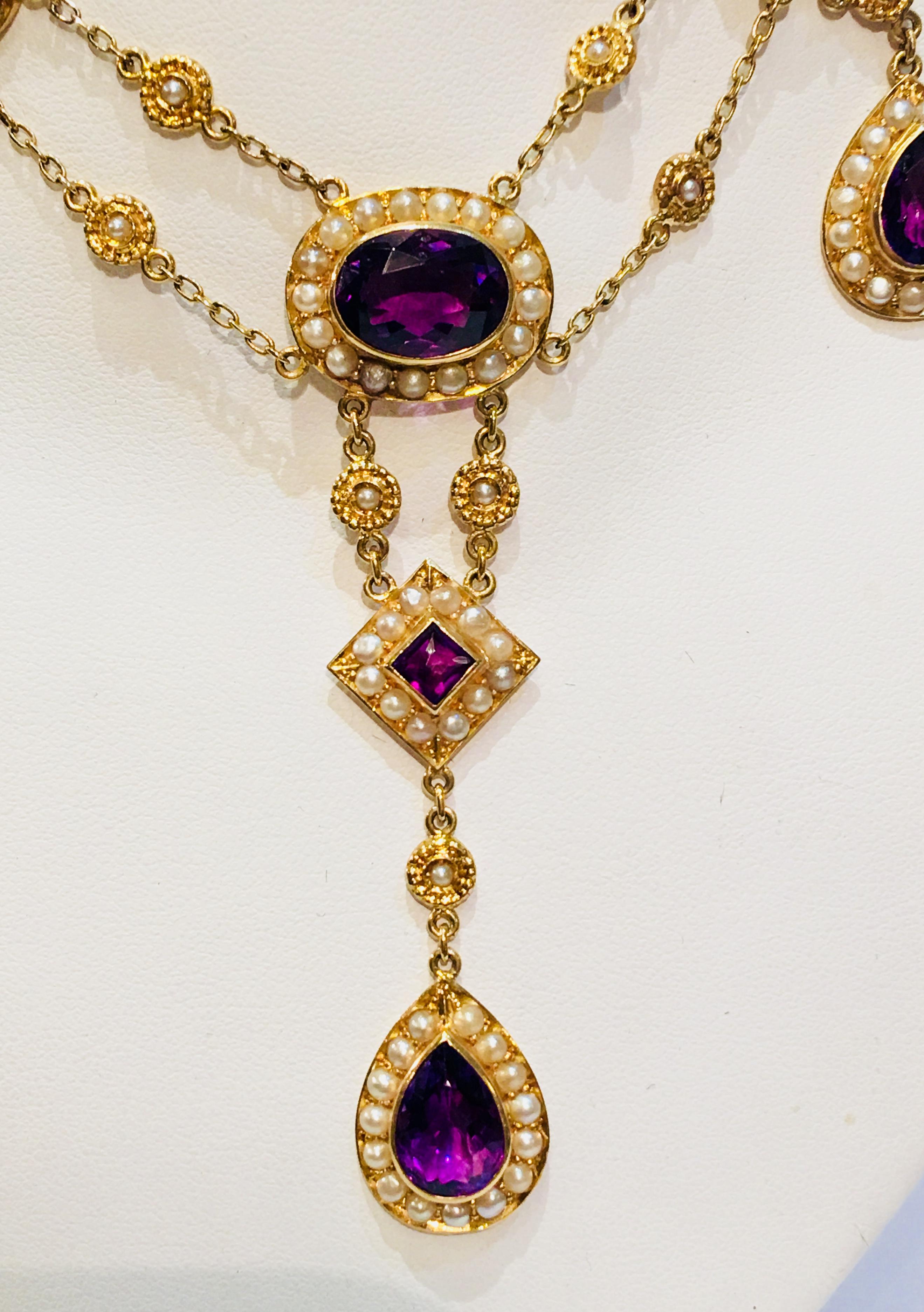 Atemberaubende Vintage sibirische Amethyst-Perlen-Gelbgold-Kronleuchter-Halskette (Viktorianisch)