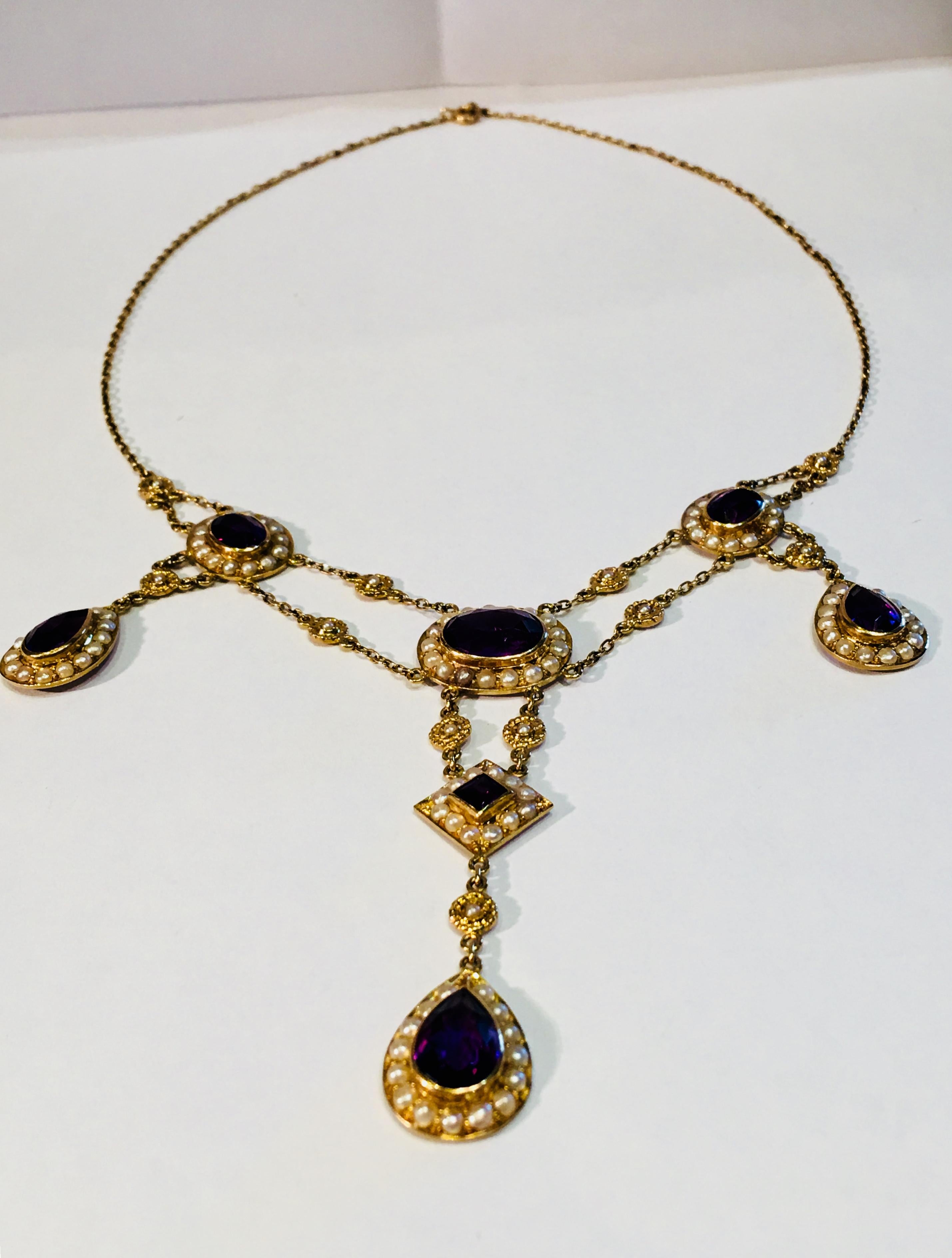 Atemberaubende Vintage sibirische Amethyst-Perlen-Gelbgold-Kronleuchter-Halskette (Tropfenschliff)