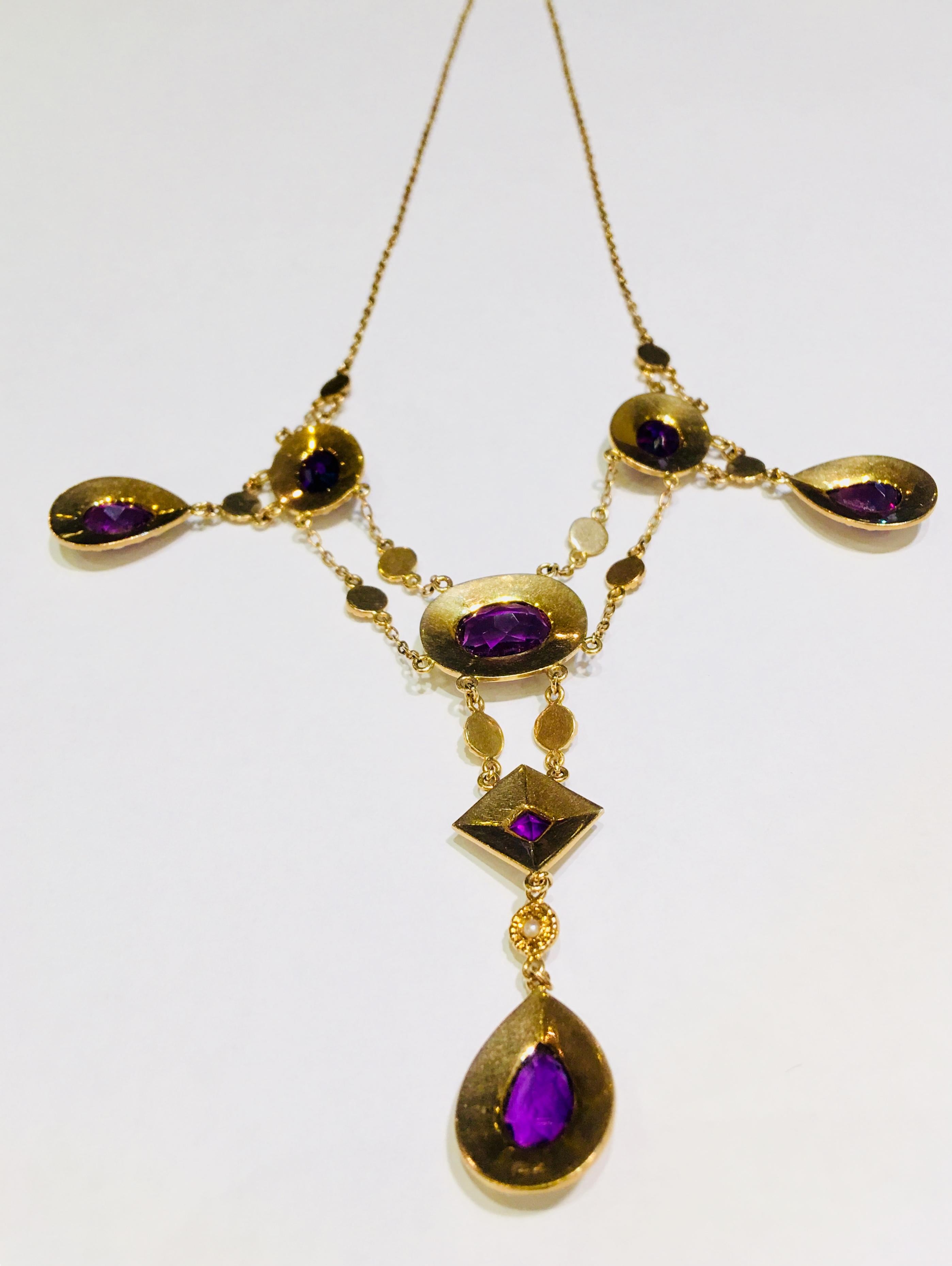Pear Cut Stunning Vintage Siberian Amethyst Pearl Yellow Gold Chandelier Necklace