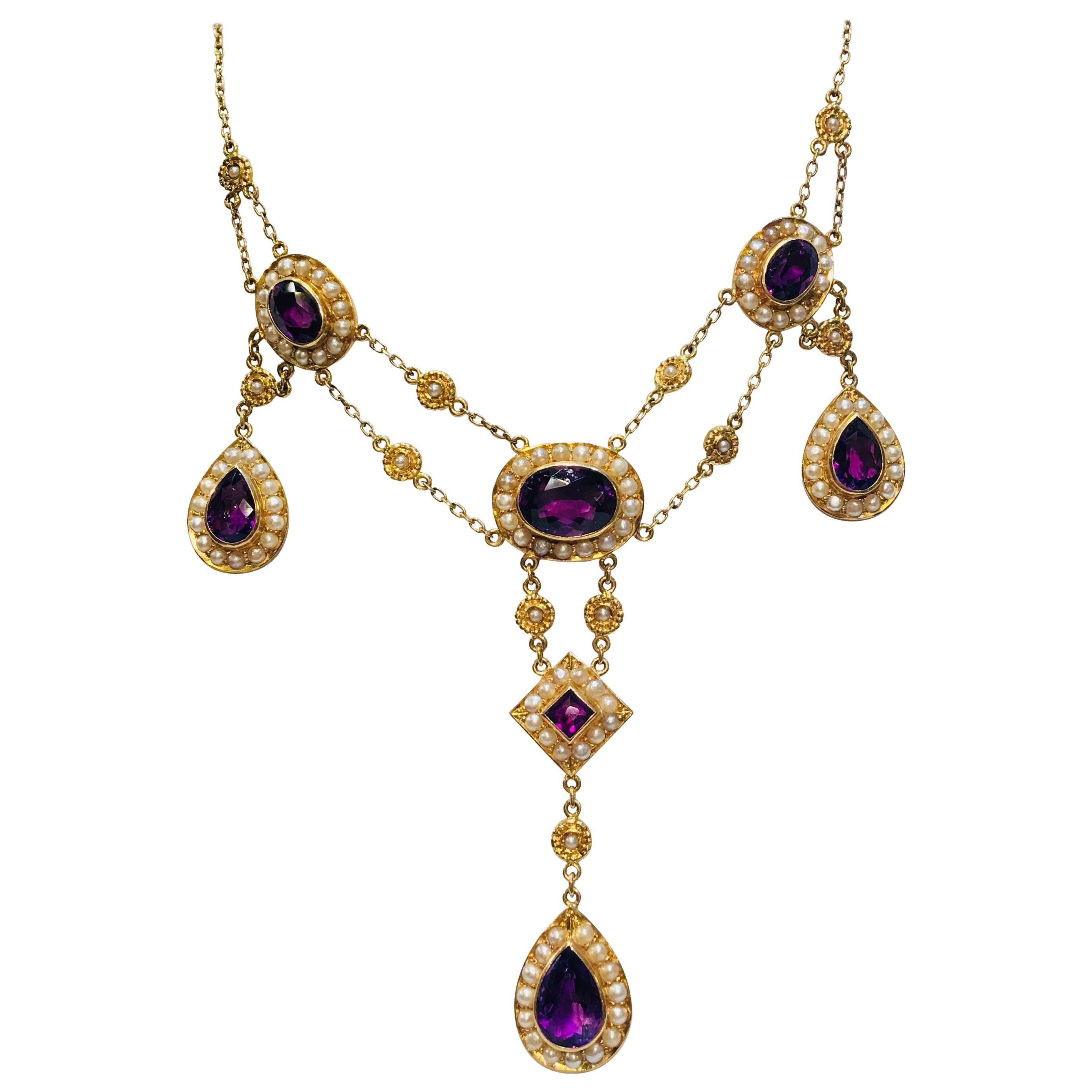 Stunning Vintage Siberian Amethyst Pearl Yellow Gold Chandelier Necklace