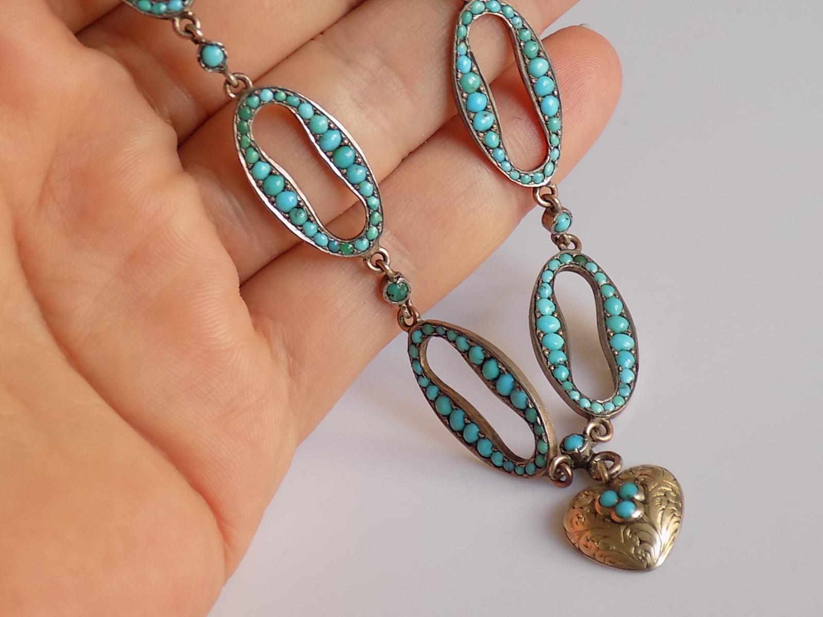 Stunning Victorian Turquoise Silver Heart Love Necklace 3