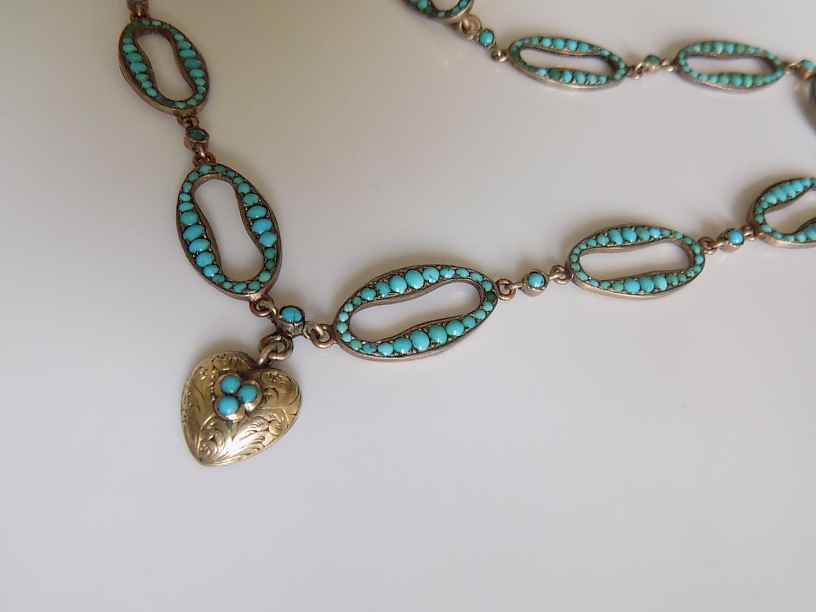 Stunning Victorian Turquoise Silver Heart Love Necklace In Good Condition In Boston, Lincolnshire