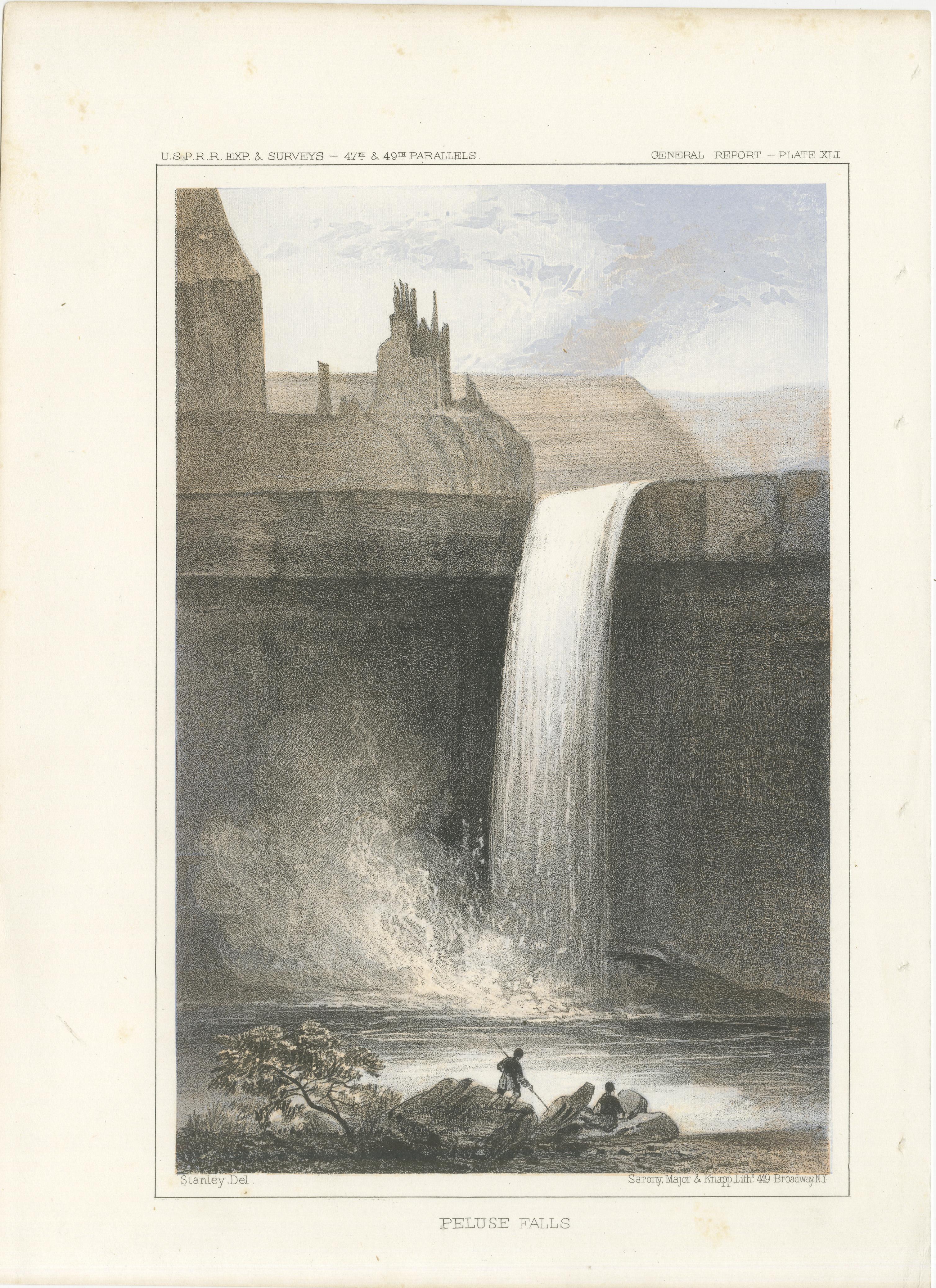 Atemberaubende Aussicht auf die Palouse Falls - malerische Kaskade in Washington  

Diese atemberaubende Lithografie zeigt die atemberaubenden Palouse Falls im Südosten des Staates Washington. Das Kunstwerk zeigt die Grandeur der Wasserfälle, die