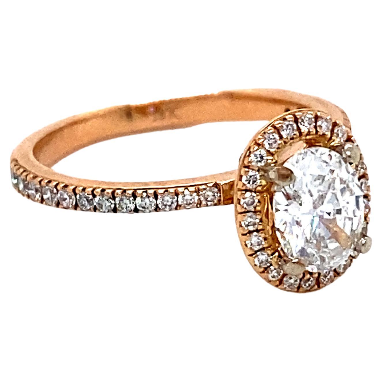 Stunning Vintage 14K Rose Gold Halo Oval Diamond Ring Engagement Ring, 1.09ct.