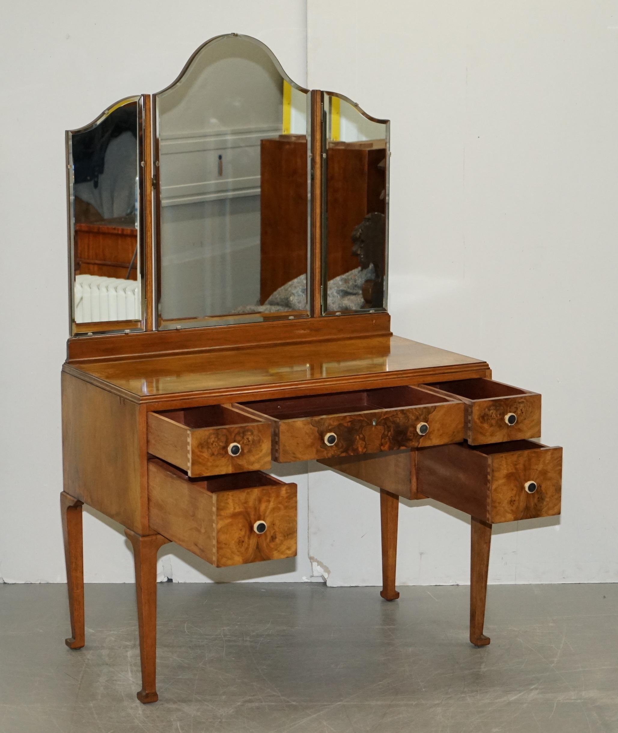 Quality circa 1940's Burr & Burl Walnut Dressing Table with Trifold Mirrors 9