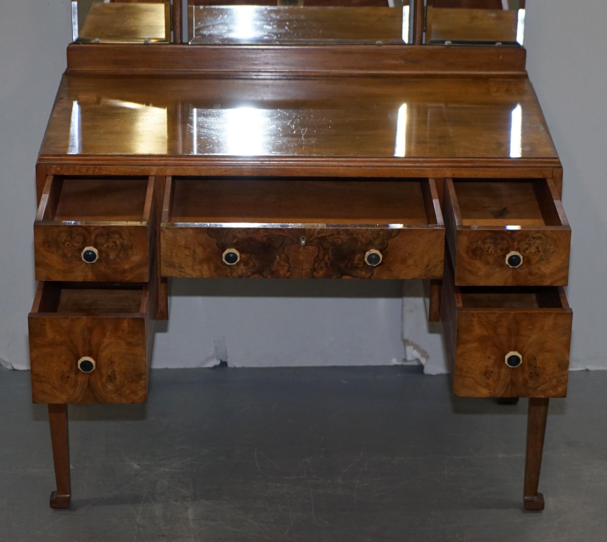 Quality circa 1940's Burr & Burl Walnut Dressing Table with Trifold Mirrors 10