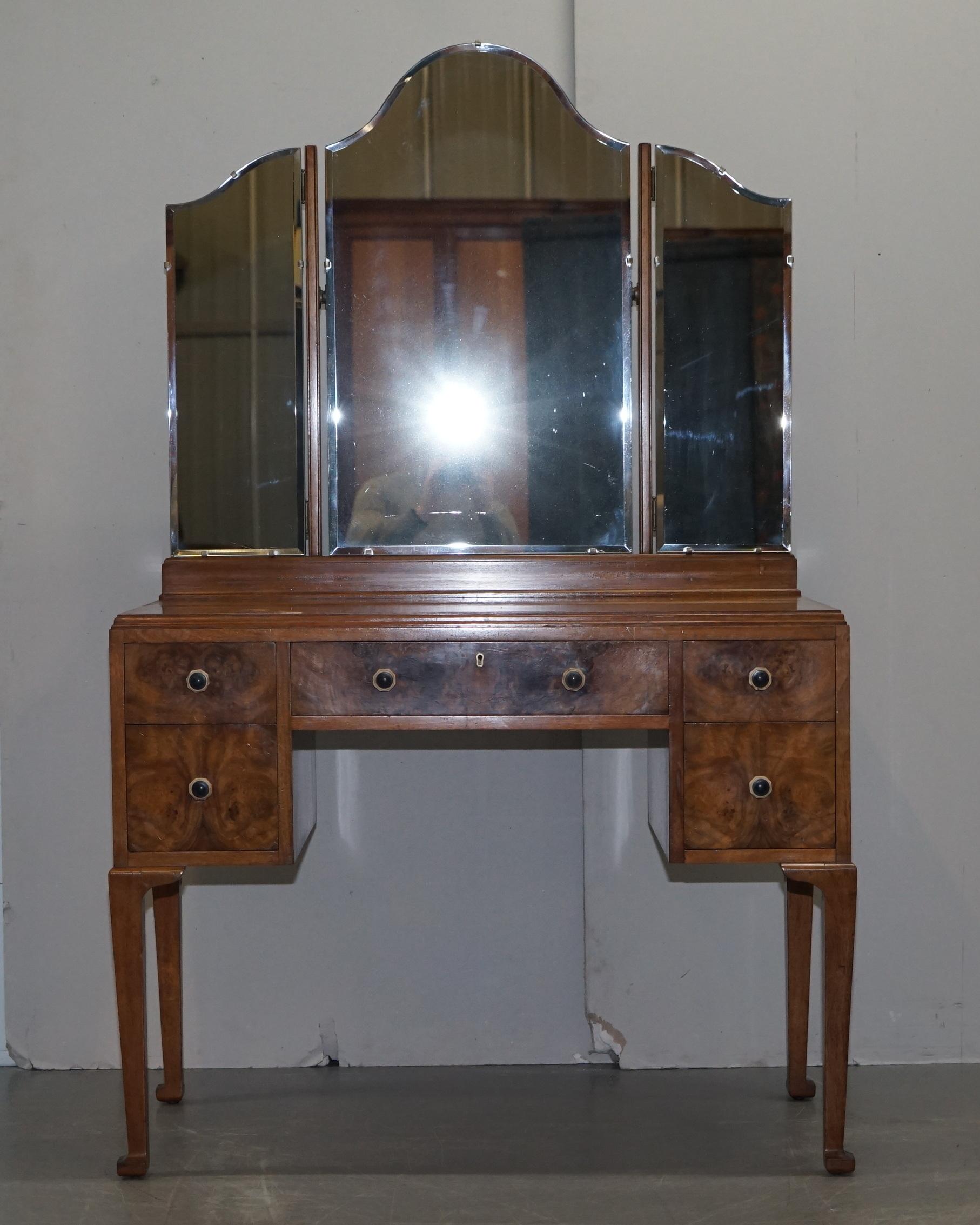 We are delighted to offer for sale this stunning circa 1940’s Burr & Burl Walnut dressing table and stool with Tri-folding mirrors

This is part of a suite, I have the matching wardrobe and beds listed under my other items 

This dressing really is