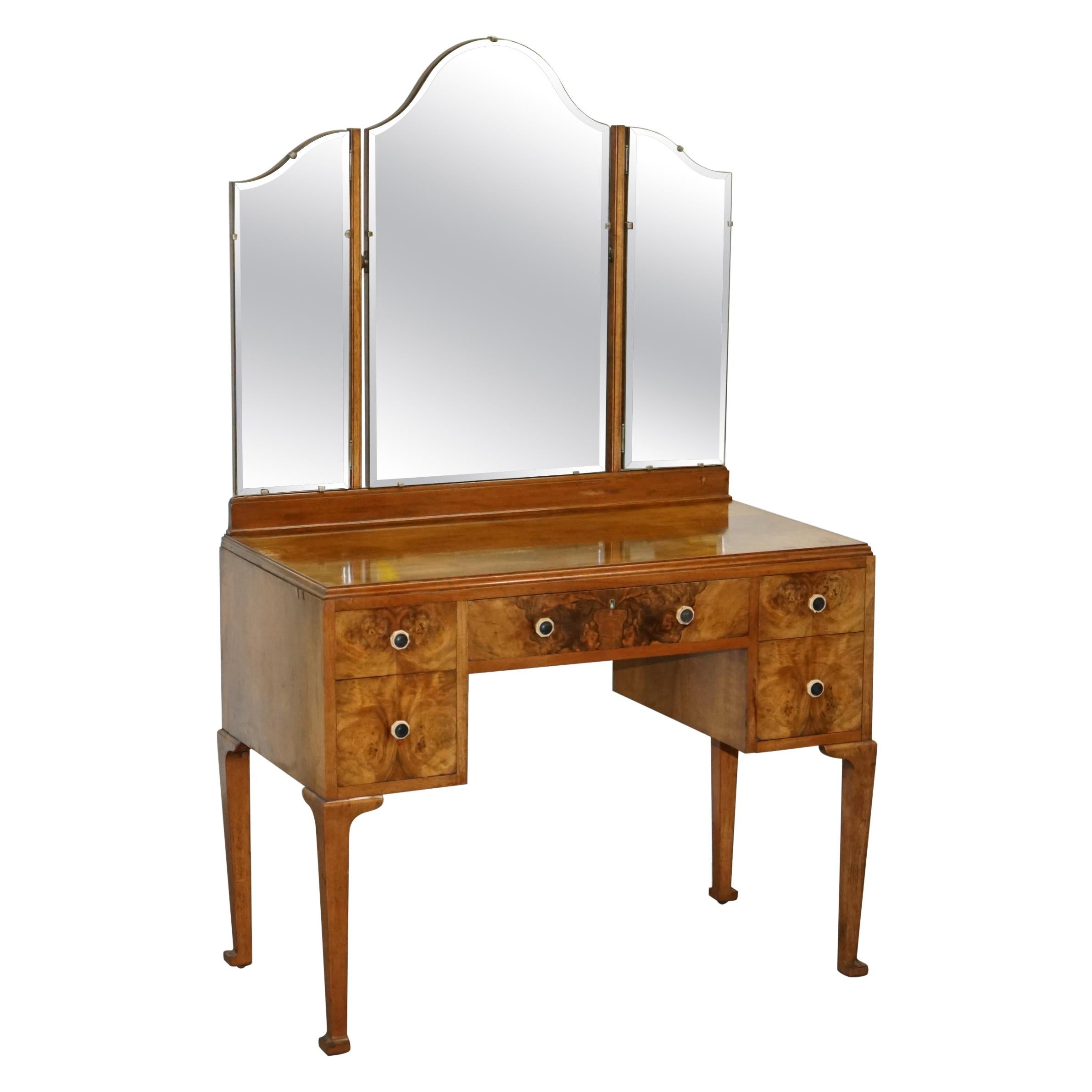 Quality circa 1940's Burr & Burl Walnut Dressing Table with Trifold Mirrors