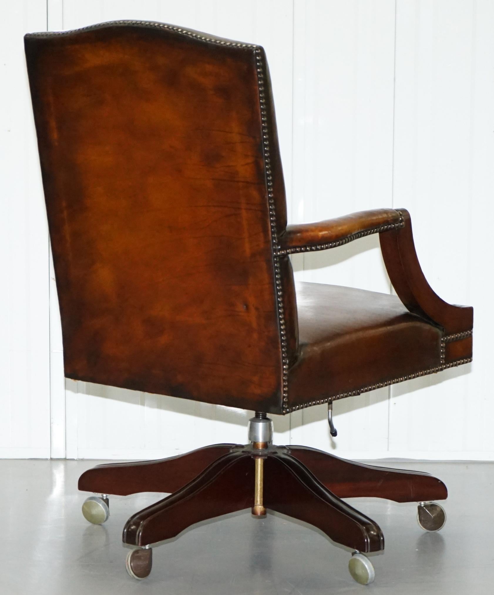 Stunning Vintage 1960s Fully Restored Aged Brown Leather Directors Office Chair 9