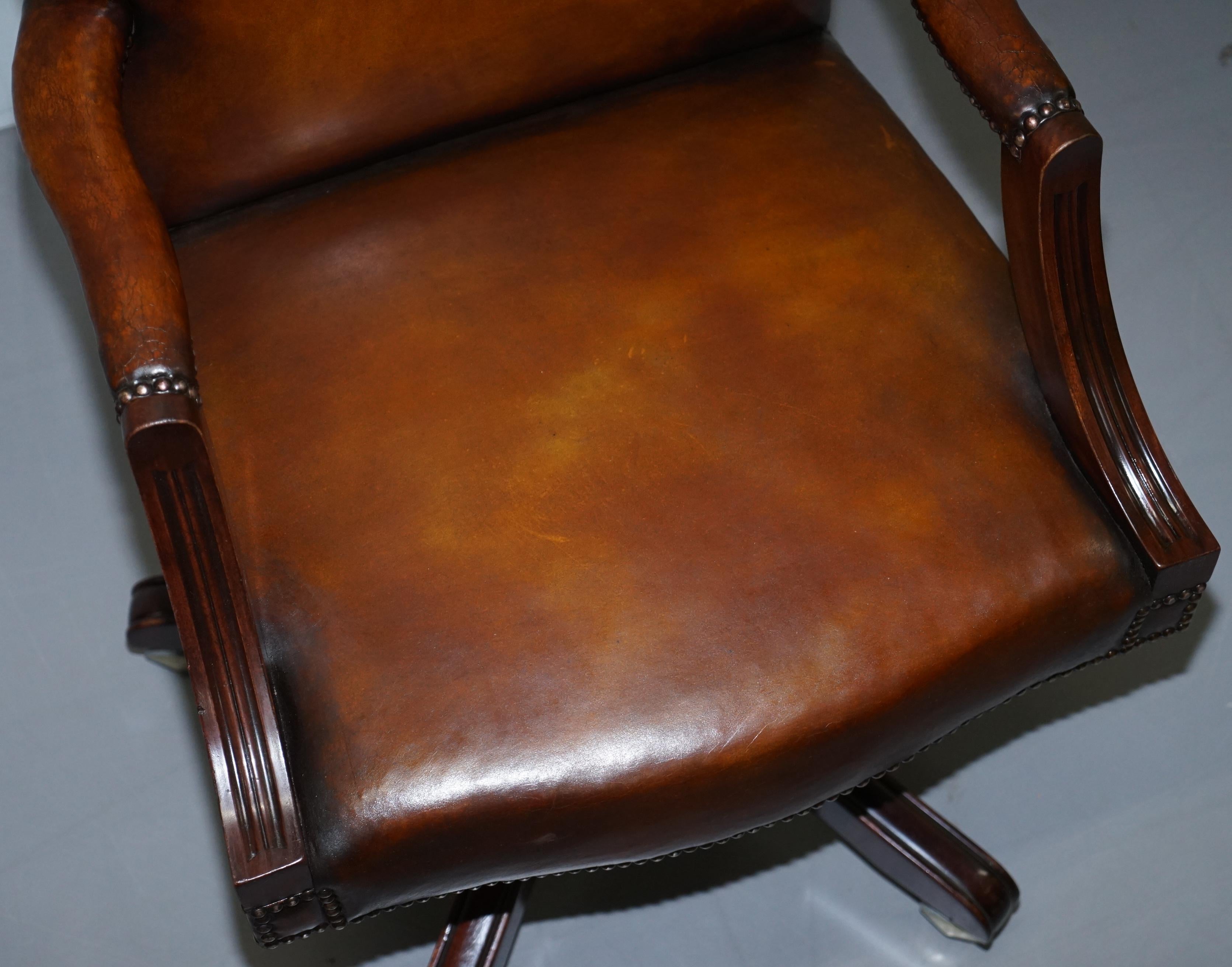 English Stunning Vintage 1960s Fully Restored Aged Brown Leather Directors Office Chair