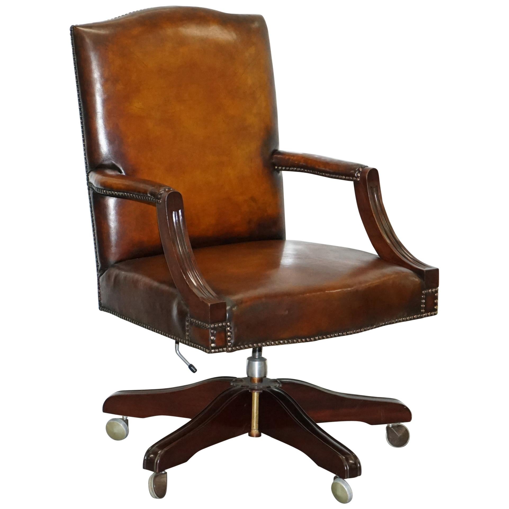 Stunning Vintage 1960s Fully Restored Aged Brown Leather Directors Office Chair