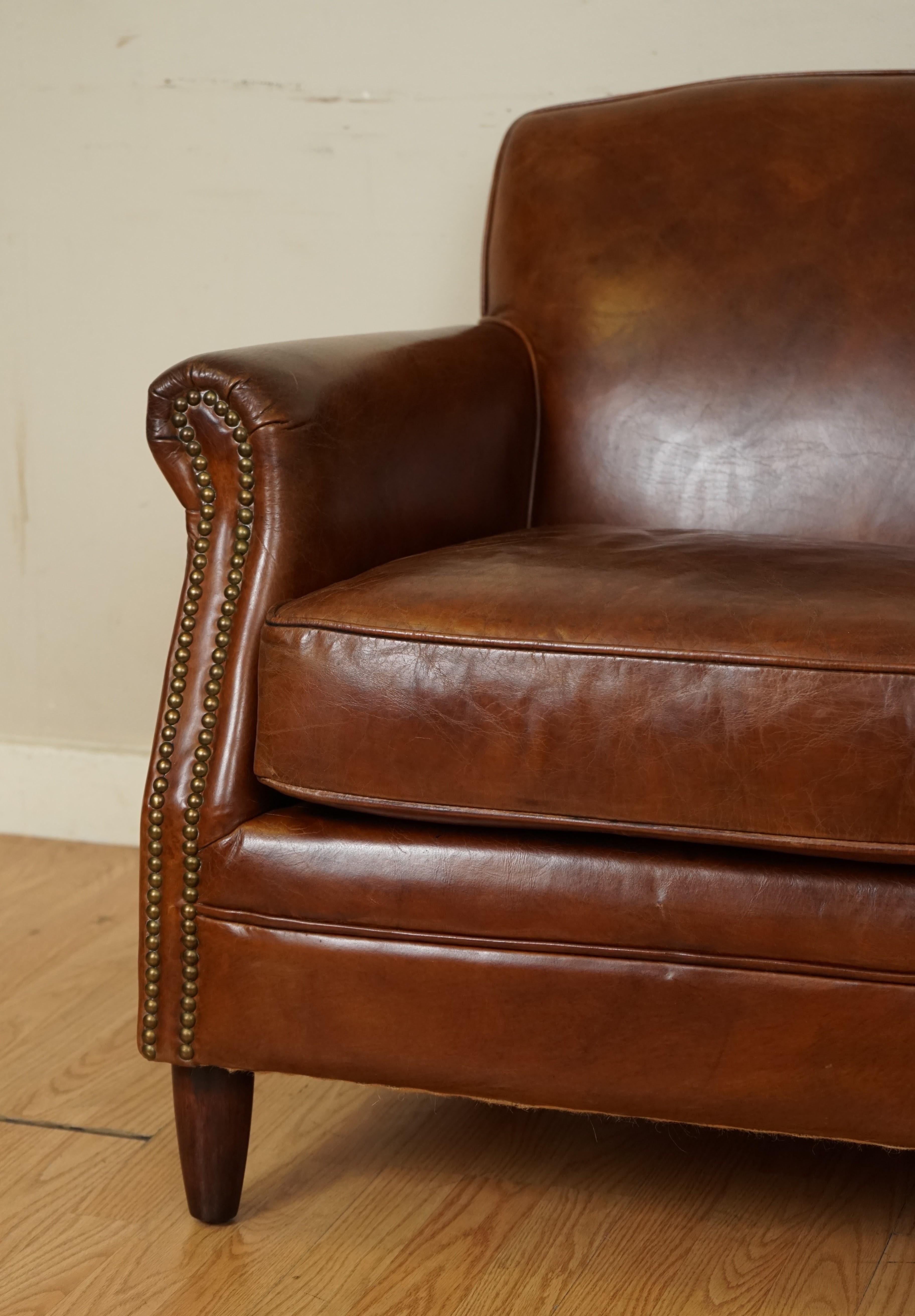 British Stunning Vintage Aged Cigar Brown Leather Small 2 Seater Sofa