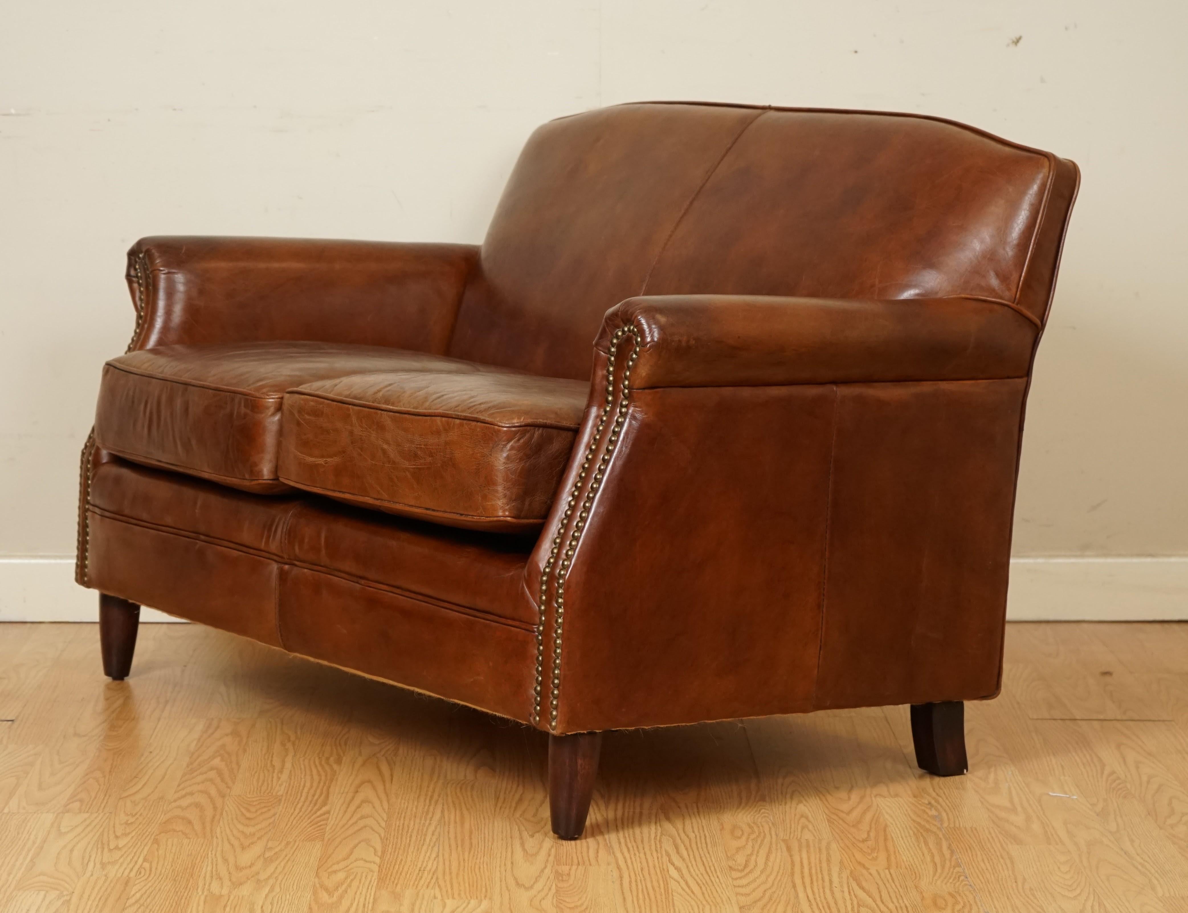 20th Century Stunning Vintage Aged Cigar Brown Leather Small 2 Seater Sofa