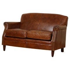 Stunning Vintage Aged Cigar Brown Leather Small 2 Seater Sofa