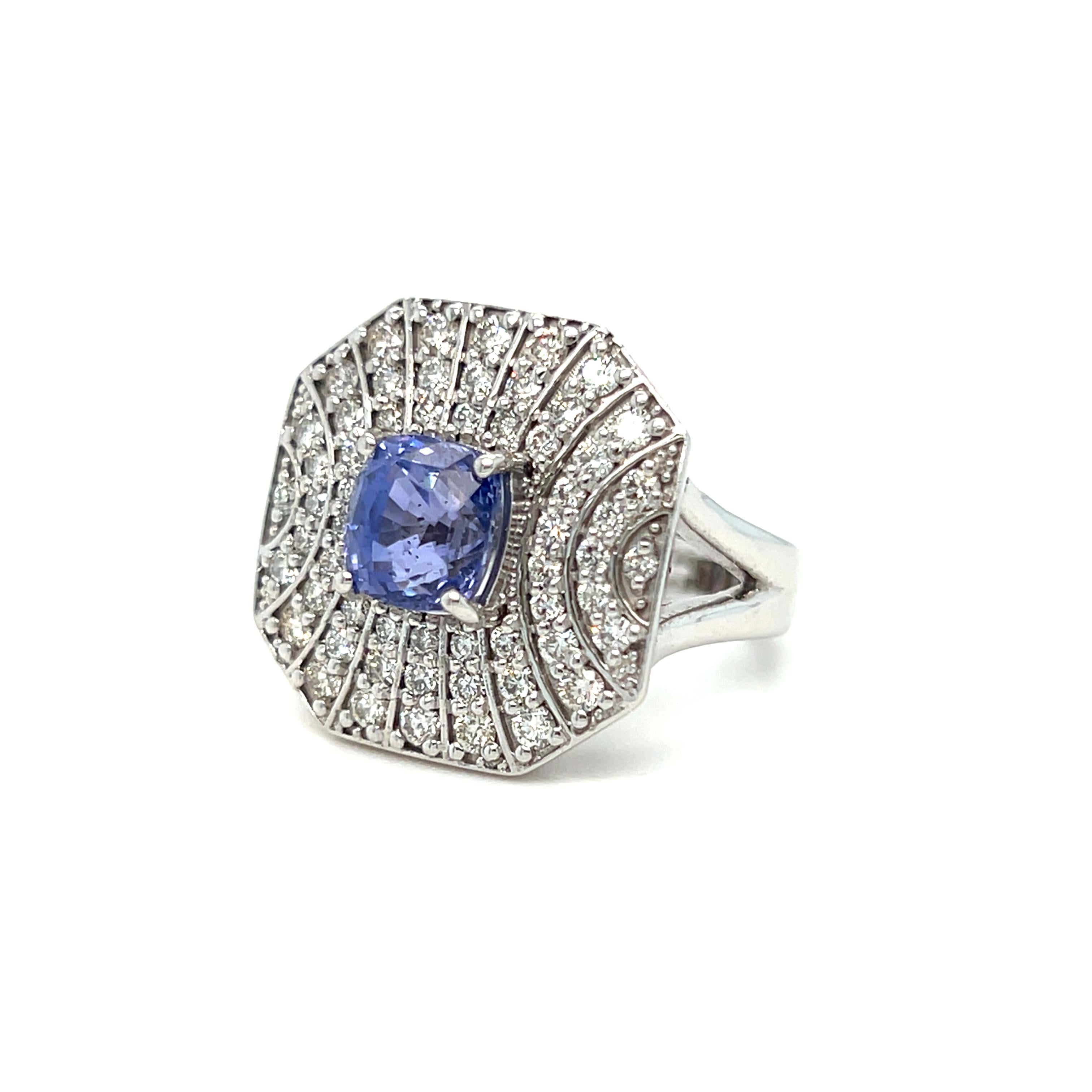 Cushion Cut Stunning Vintage Art Deco 14K White Gold Diamond and Sapphire Ring - 4.24ct. For Sale