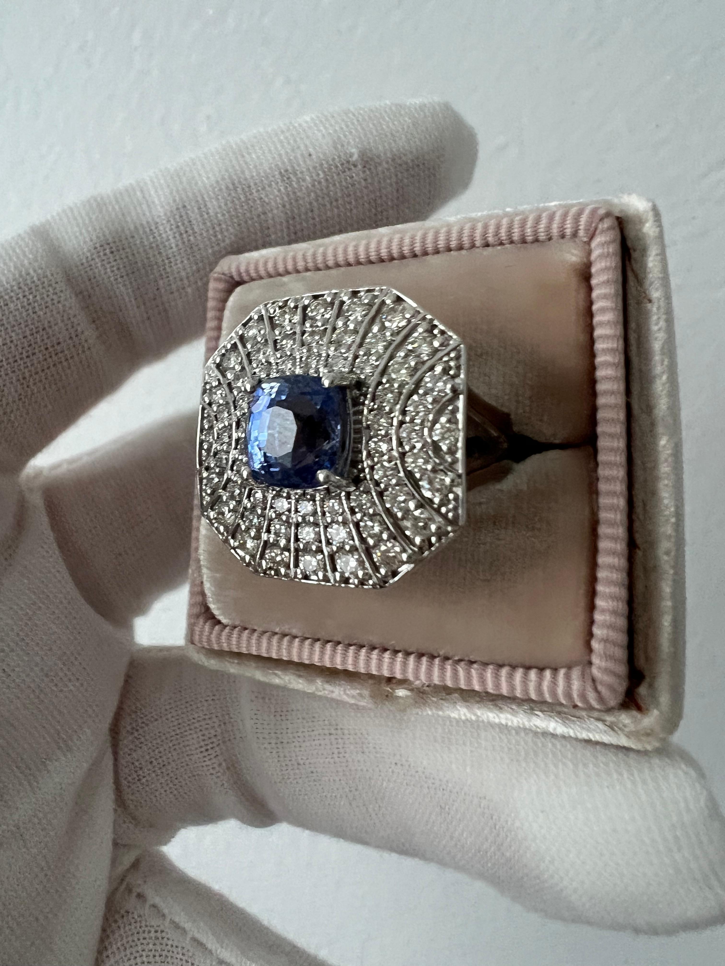 Stunning Vintage Art Deco 14K White Gold Diamond and Sapphire Ring - 4.24ct. For Sale 1
