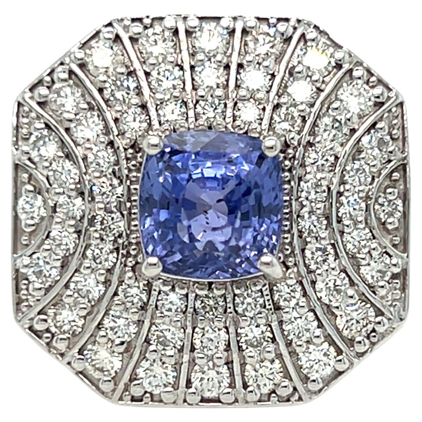 Stunning Vintage Art Deco 14K White Gold Diamond and Sapphire Ring - 4.24ct. For Sale