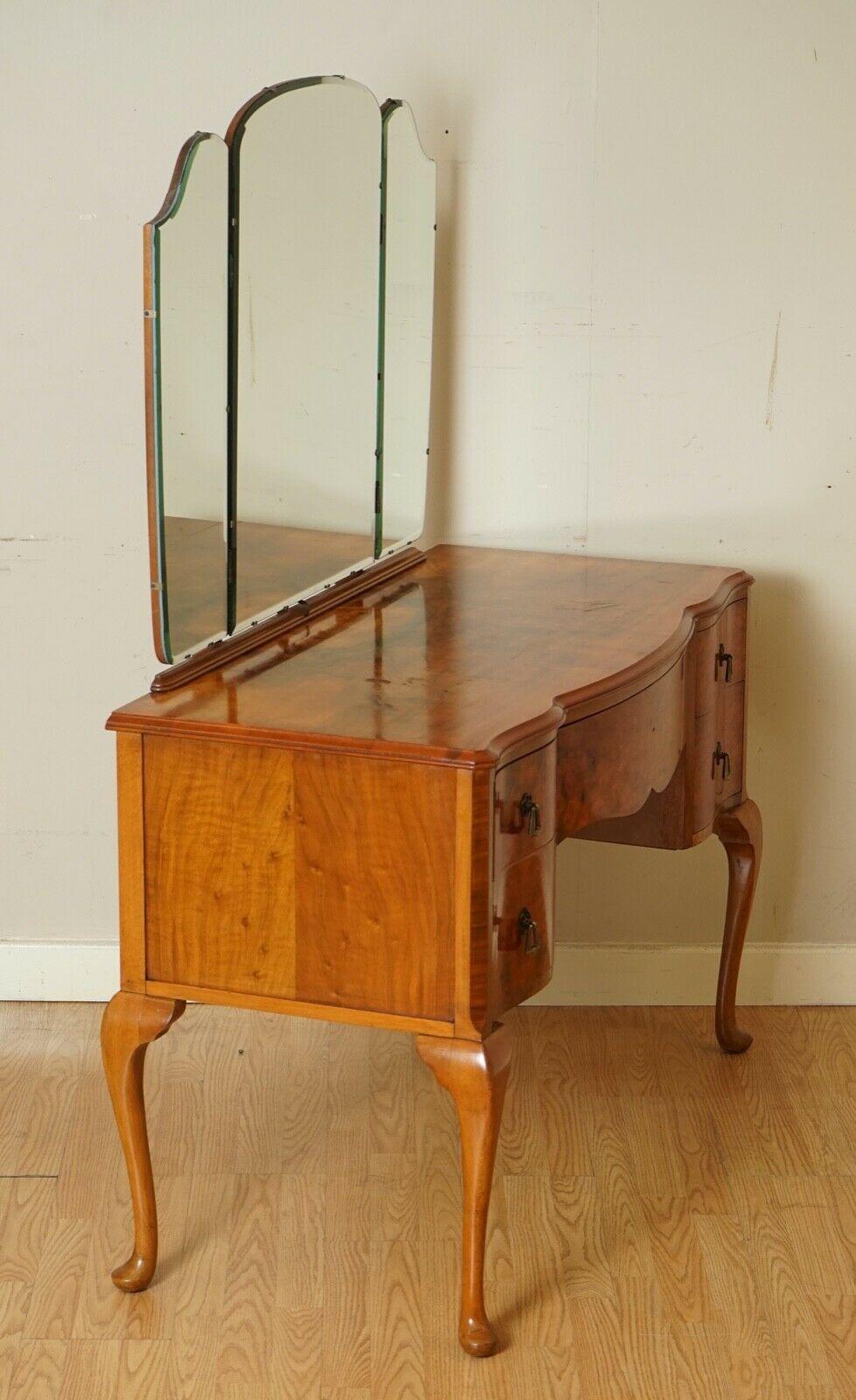 Stunning Vintage Art Deco Burr Walnut Dressing Table with Queen Anne Legs 5