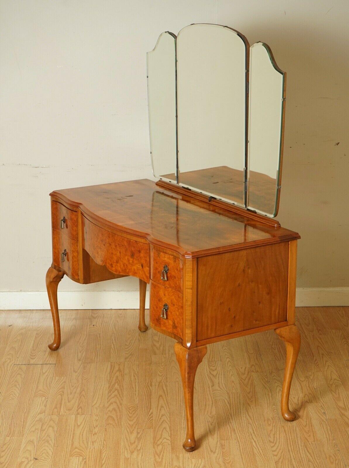 Stunning Vintage Art Deco Burr Walnut Dressing Table with Queen Anne Legs 6